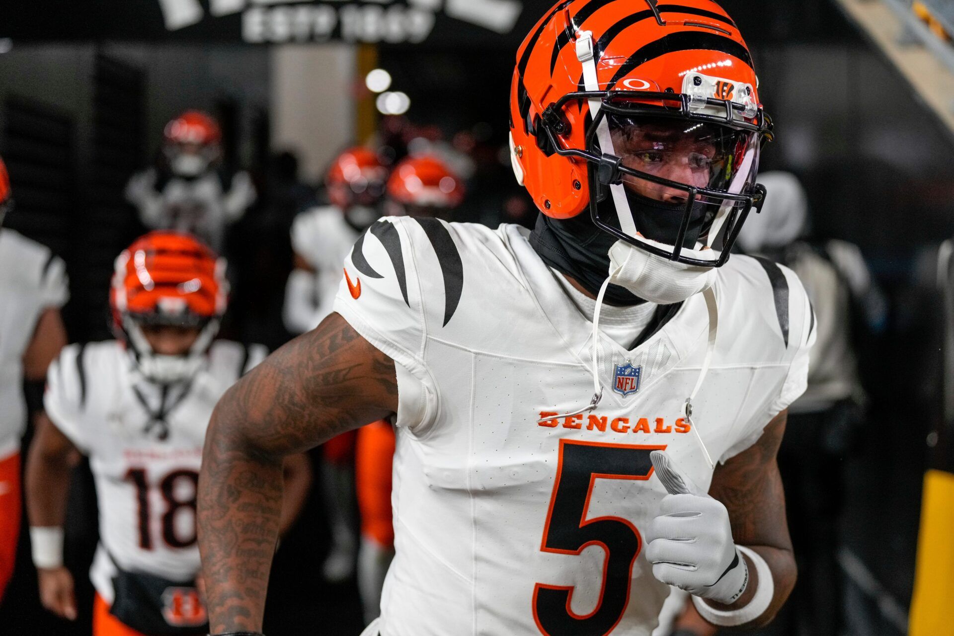 Cincinnati Bengals wide receiver Tee Higgins (5) takes the field for the first quarter of the NFL Week 18 game between the Pittsburgh Steelers and the Cincinnati Bengals at Acrisure Stadium in Pittsburgh on Saturday, Jan. 4, 2025.