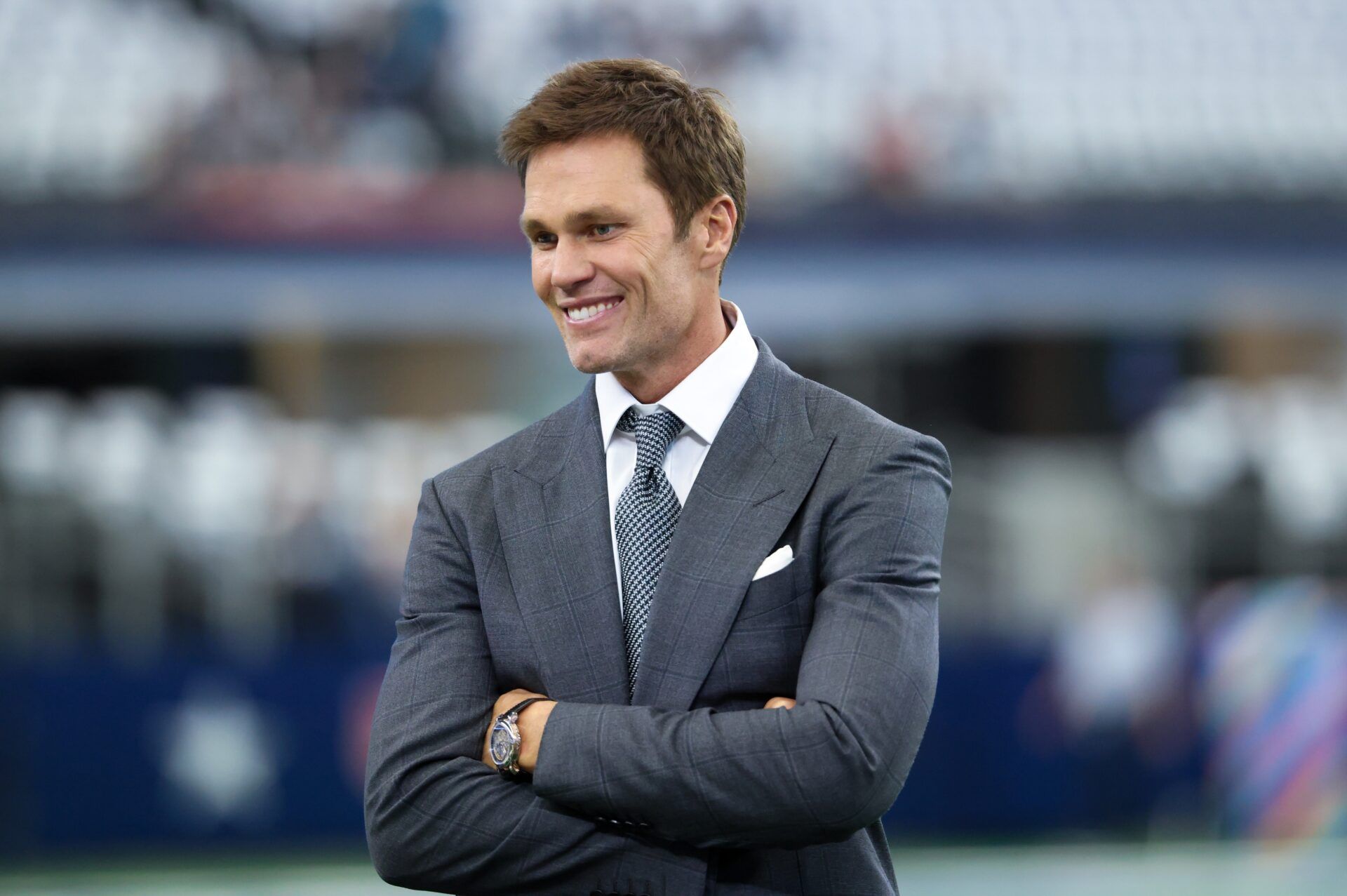 Fox Sports broadcaster Tom Brady before the game between the Dallas Cowboys and Detroit Lions at AT&T Stadium.