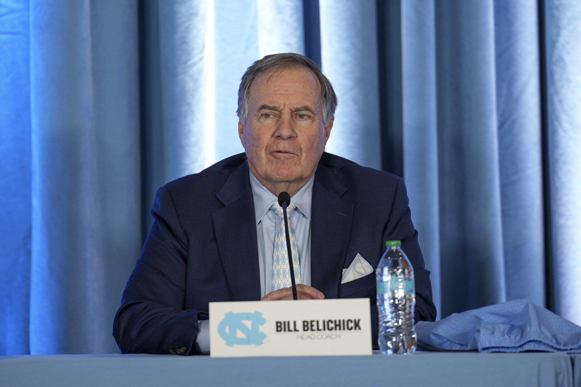 North Carolina Tar Heels new head coach Bill Belichick speaks to those attending at Loudermilk Center for Excellence.