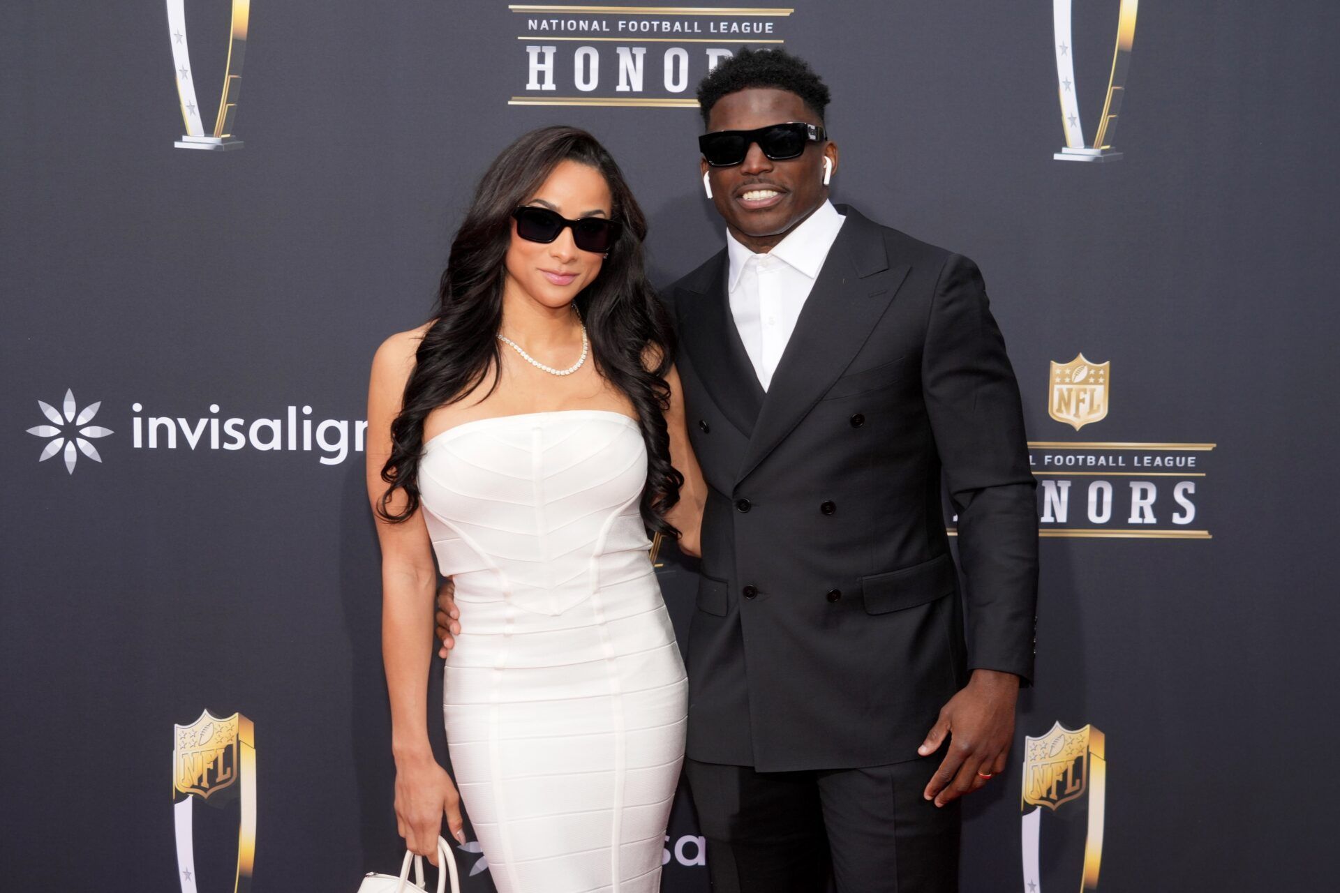 Miami Dolphins wide receiver Tyreek Hill with his wife Keeta Vaccaro on the red carpet before the NFL Honors show at Resorts World Theatre.