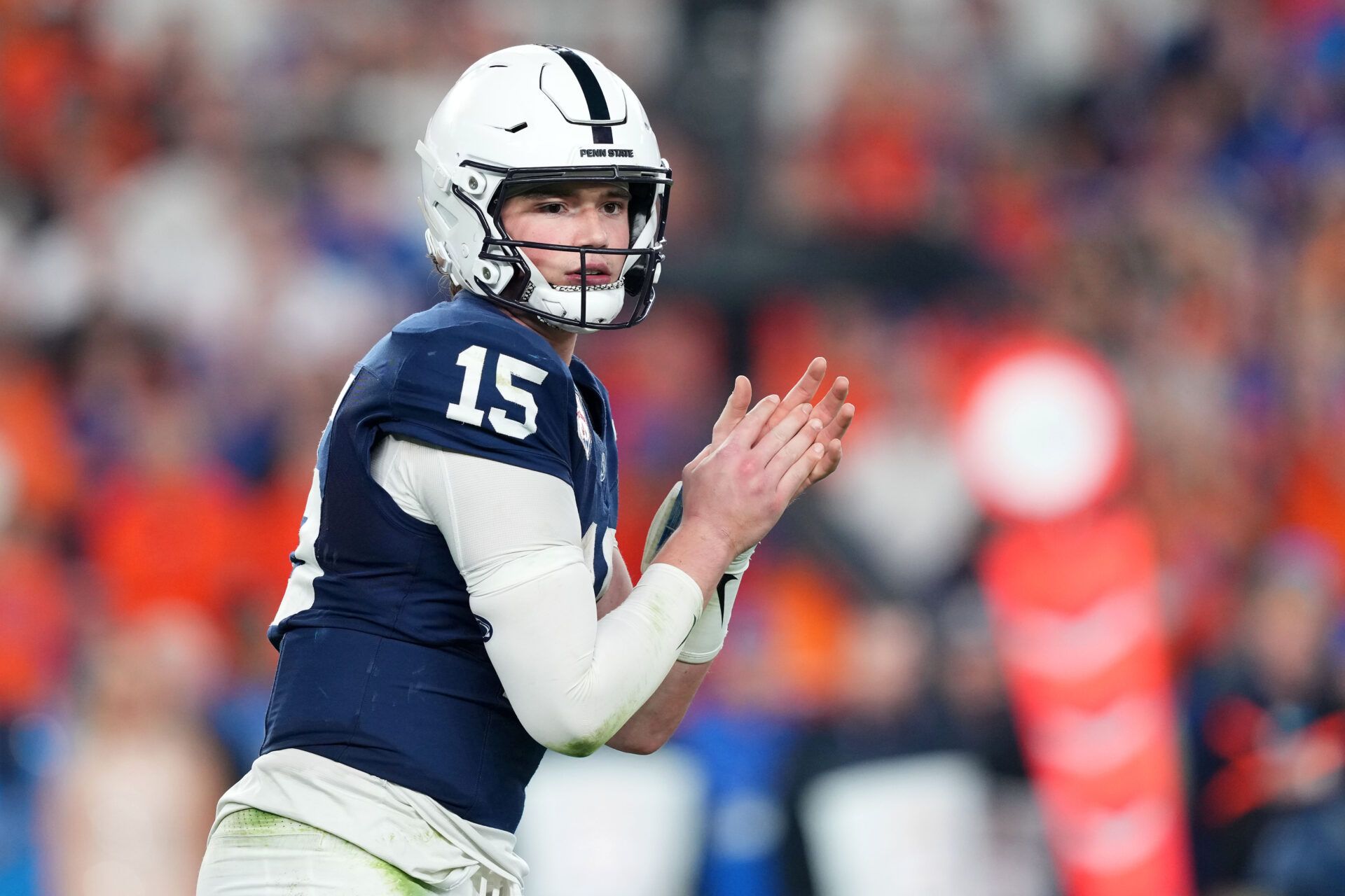 Dec 31, 2024; Glendale, AZ, USA; Penn State Nittany Lions quarterback Drew Allar (15) reacts against the Boise State Broncos during the second half in the Fiesta Bowl at State Farm Stadium. Mandatory Credit: Joe Camporeale-Imagn Images