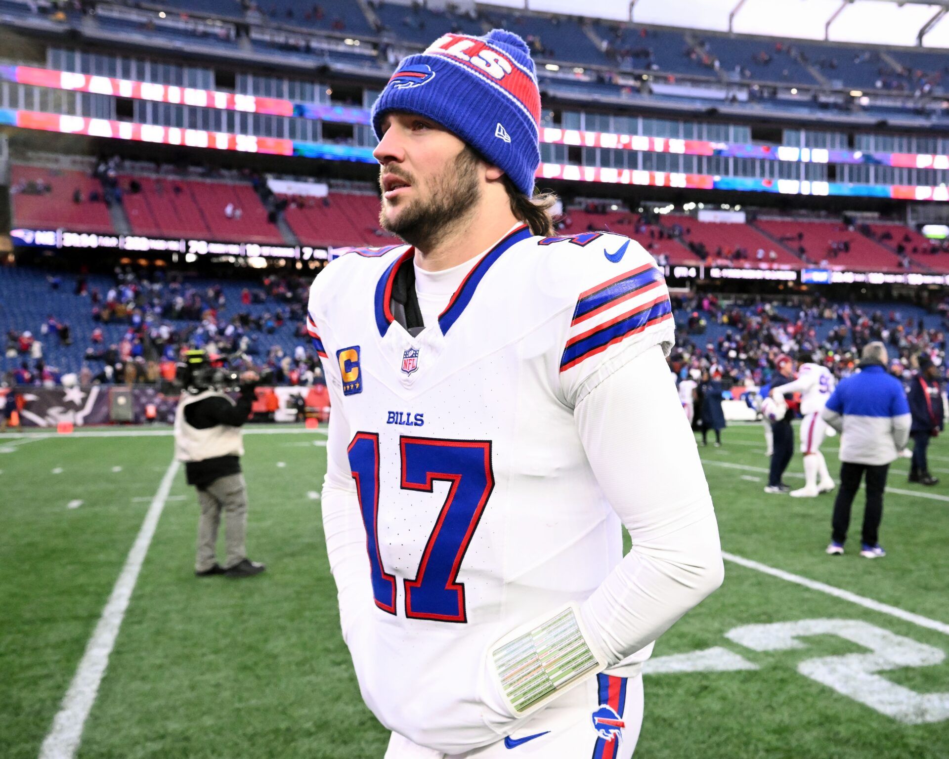 Buffalo Bills quarterback Josh Allen (17) walks off of the field after a game against the New England Patriots at Gillette Stadium.