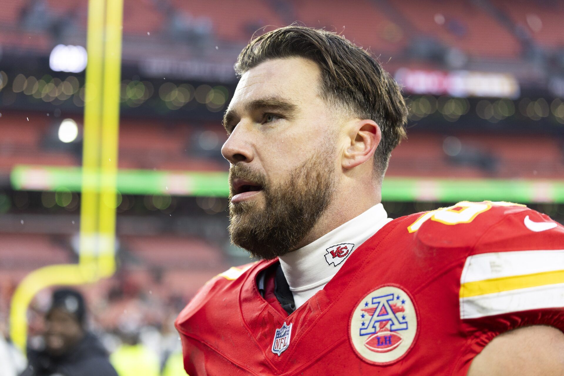 Kansas City Chiefs tight end Travis Kelce (87) walks to the locker room following a game against the Cleveland Browns at Huntington Bank Field.