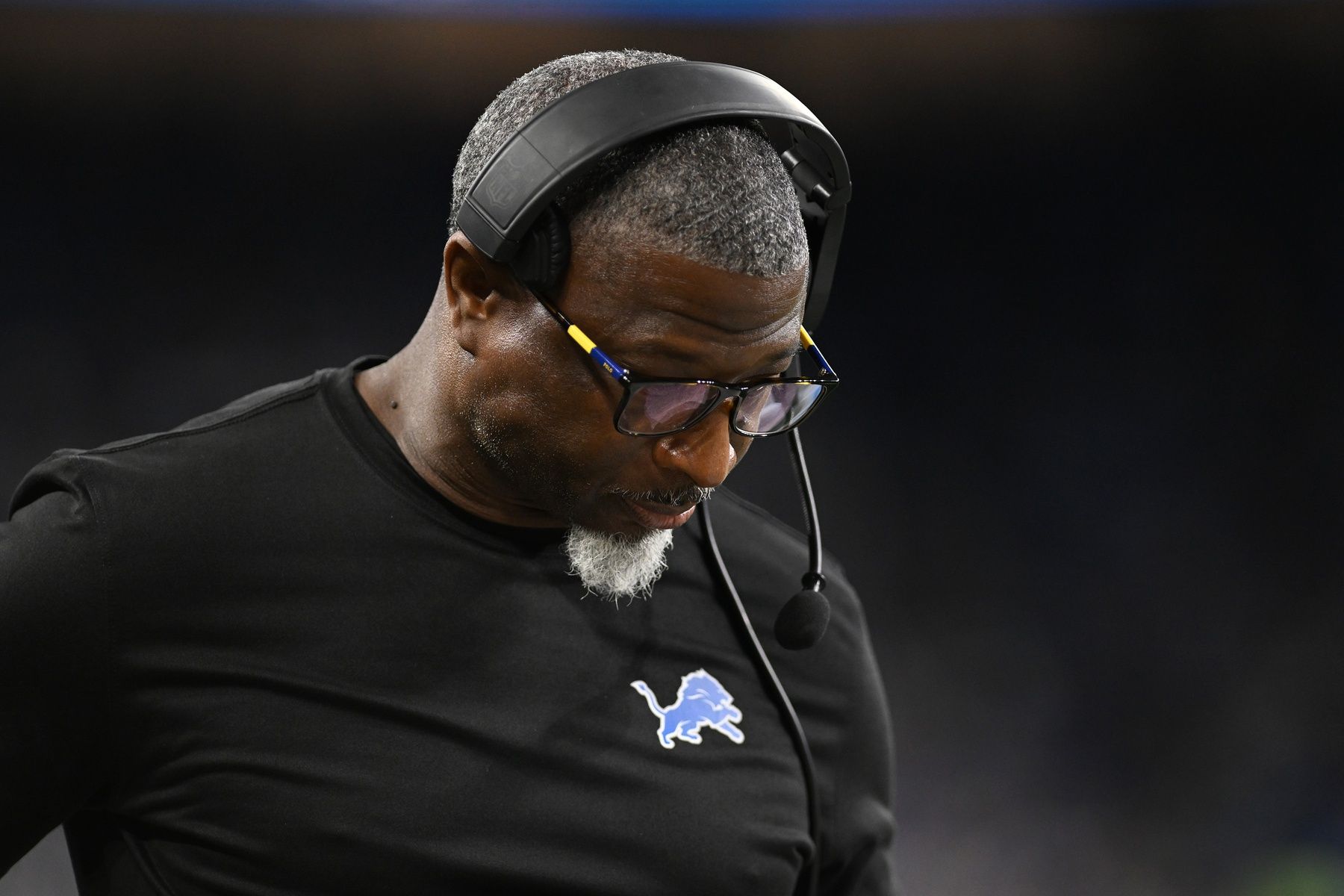 Detroit Lions defensive coordinator Aaron Glenn paces the sidelines during their against the Green Bay Packers in the first quarter at Ford Field.