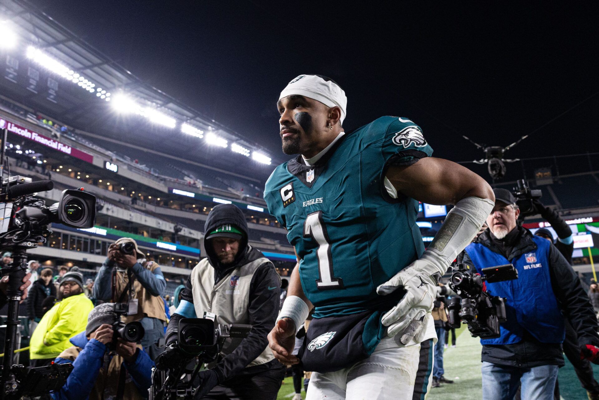 Philadelphia Eagles quarterback Jalen Hurts (1) after a victory against the Pittsburgh Steelers at Lincoln Financial Field.