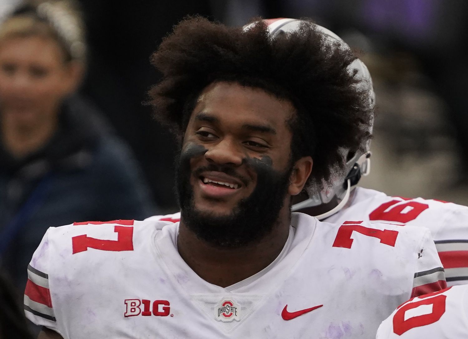 Ohio State Buckeyes offensive lineman Paris Johnson Jr. (77) headshot after the game at Ryan Field.