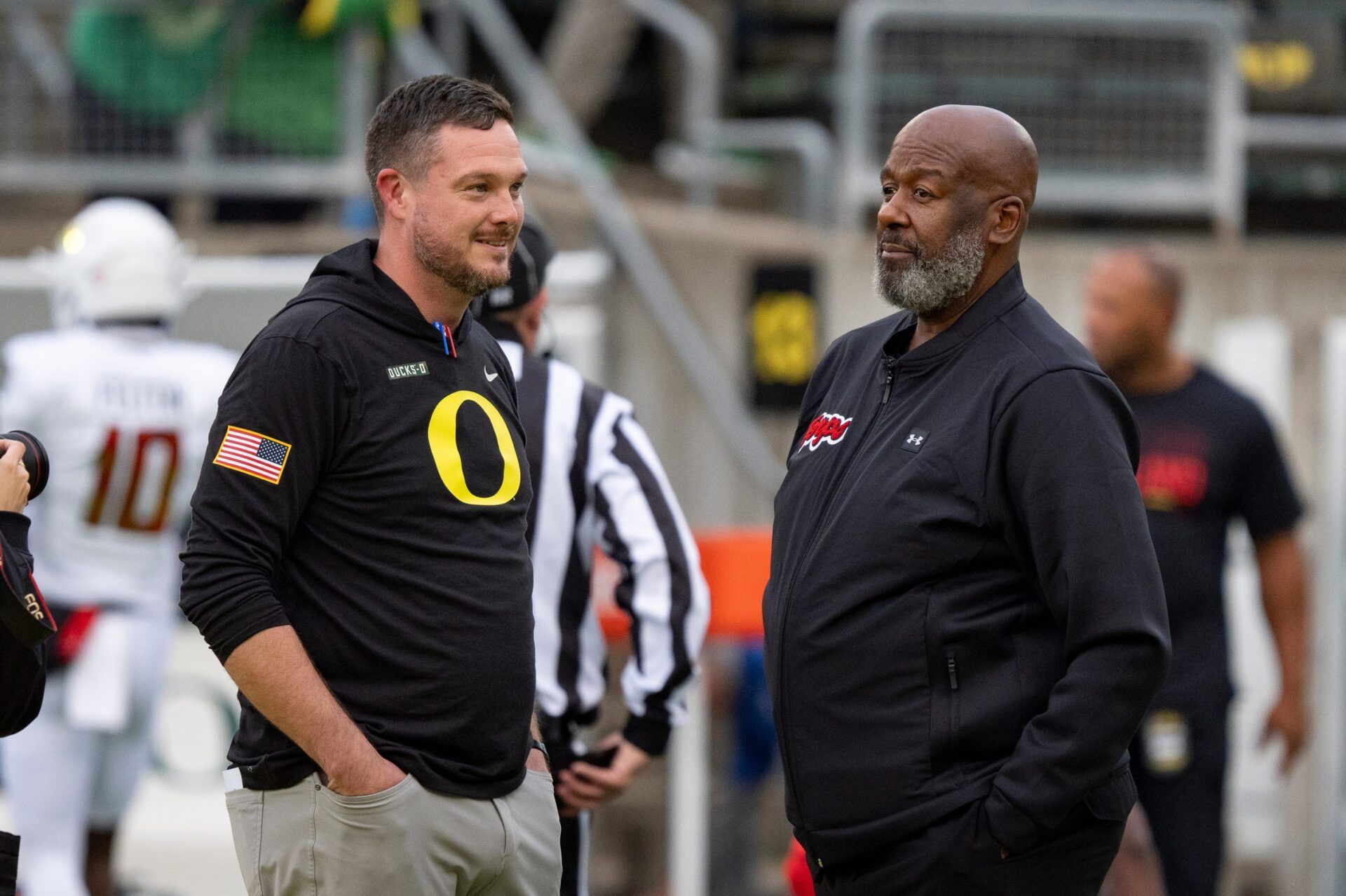 Oregon head coach Dan Lanning and Maryland head coach Mike Locksley before the game as the Oregon Ducks host the Maryland Terrapins at Autzen Stadium Saturday, Nov. 9, 2024 in Eugene, Ore.