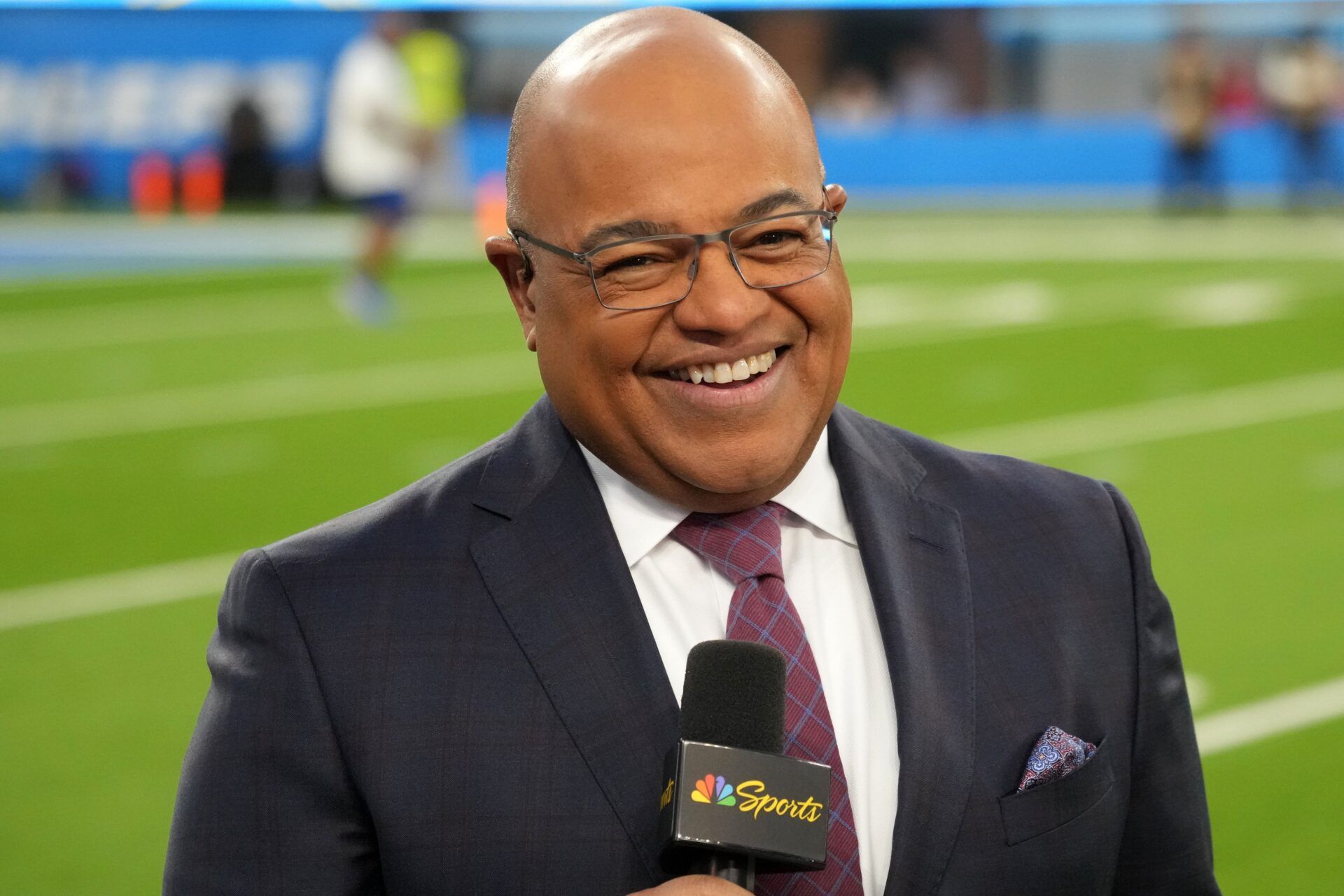 NBC Sunday Night Football broadcaster Mike Tirico reacts during the game between the Los Angeles Chargers and the Kansas City Chiefs at SoFi Stadium.