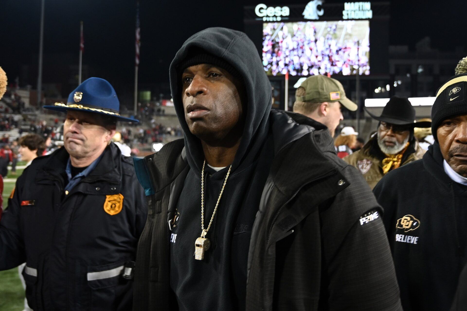 Colorado Buffaloes head coach Deion Sanders walks off the field after a game against the Washington State Cougars at Gesa Field at Martin Stadium. Washington State won 56-14.