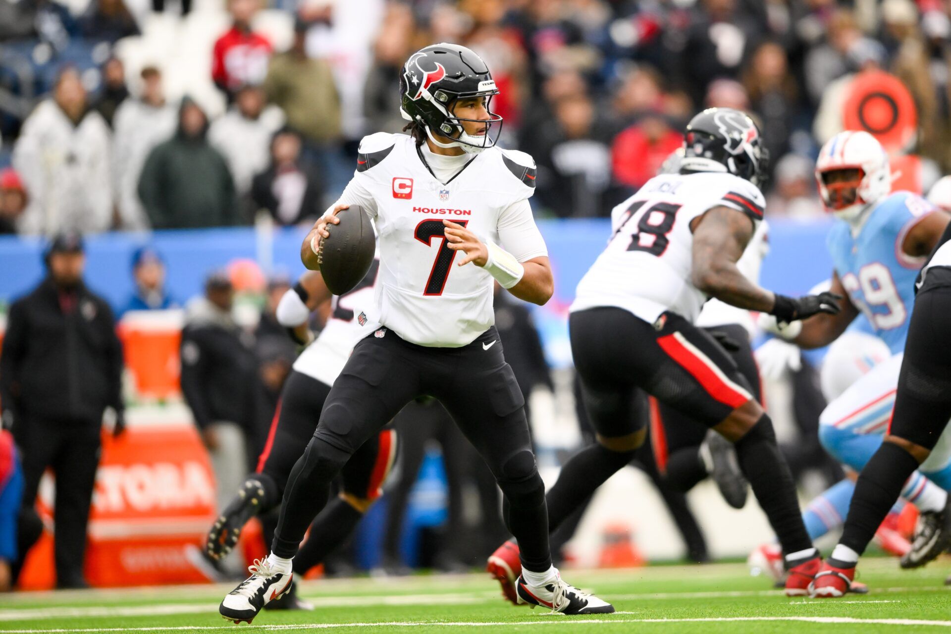 Houston Texans quarterback C.J. Stroud (7) stands in the pocket against the Tennessee Titans during the first half at Nissan Stadium.