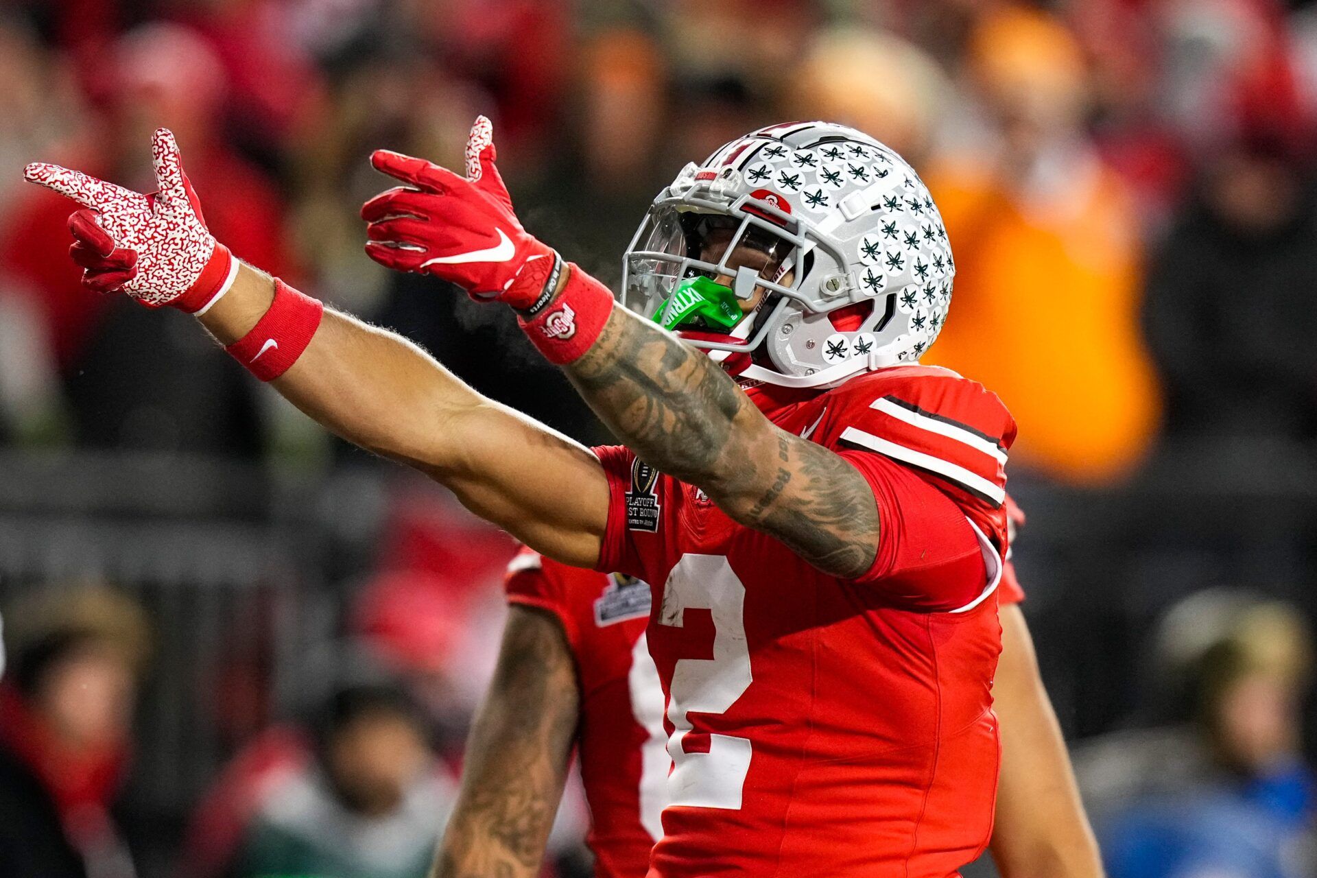 Ohio State Buckeyes wide receiver Emeka Egbuka (2) celebrates in the first half at Ohio Stadium on Saturday, Dec. 21, 2024 in Columbus, Ohio.