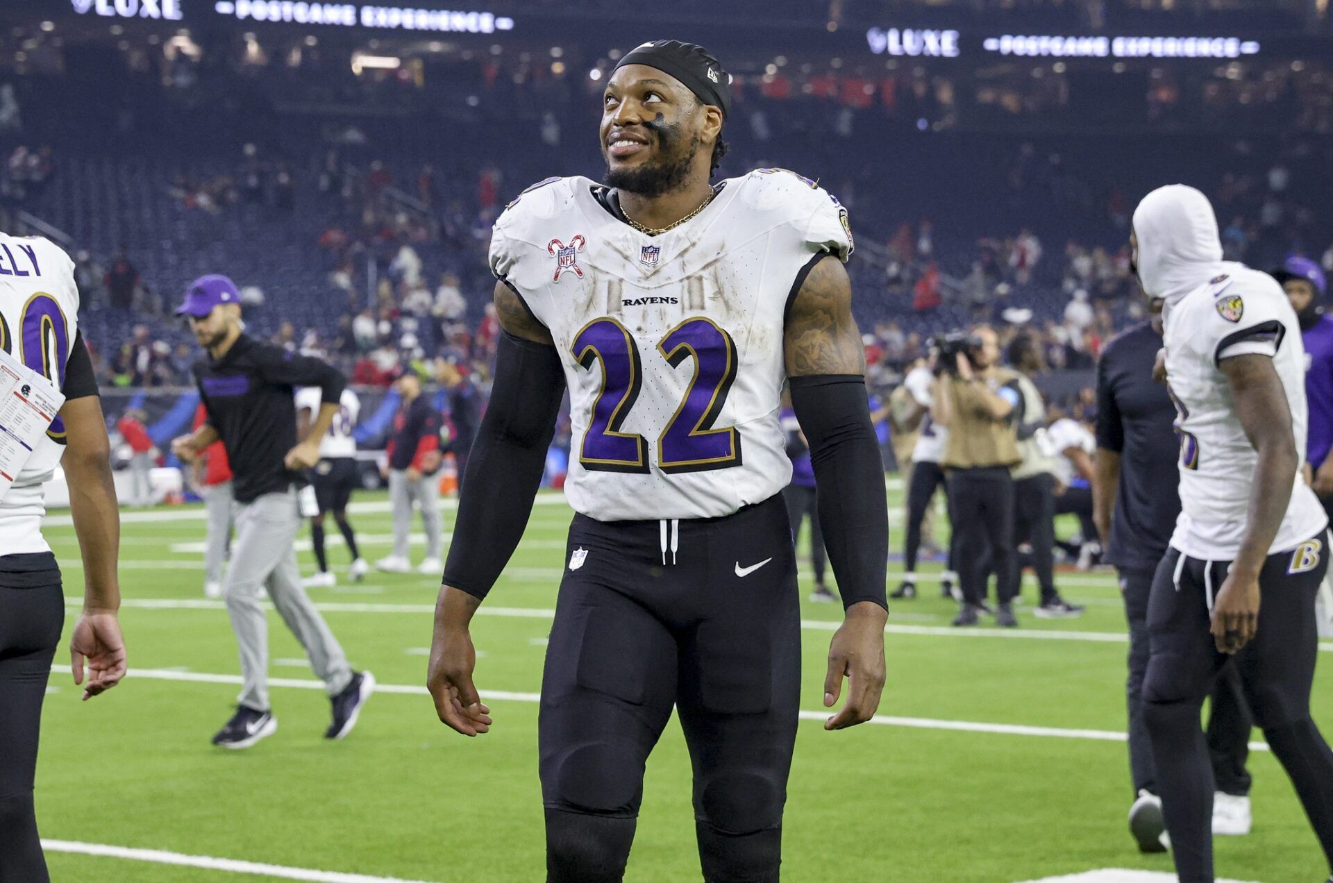 Baltimore Ravens running back Derrick Henry (22) smiles after the game against the Houston Texans at NRG Stadium.