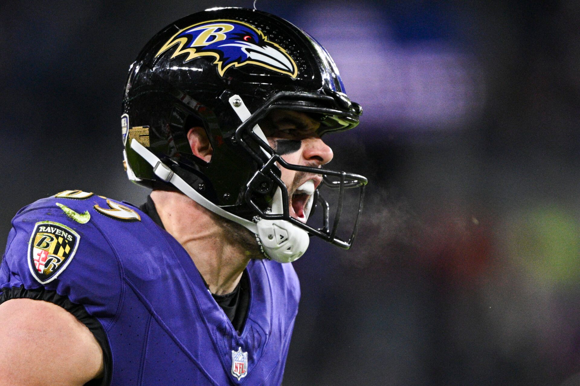 Jan 4, 2025; Baltimore, Maryland, USA; Baltimore Ravens tight end Mark Andrews (89) reacts after scoring a touchdown during the first half against the Cleveland Browns at M&T Bank Stadium. Mandatory Credit: Tommy Gilligan-Imagn Images