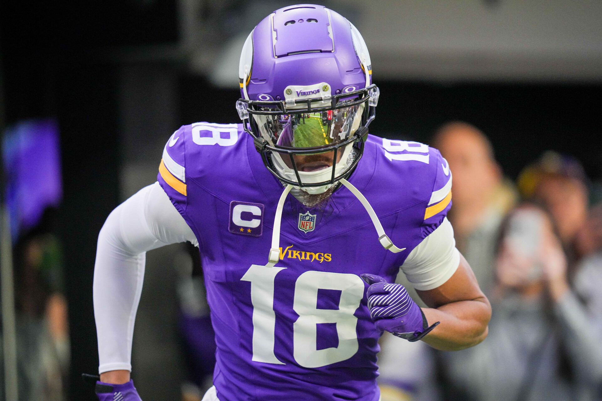 Dec 29, 2024; Minneapolis, Minnesota, USA; Minnesota Vikings wide receiver Justin Jefferson (18) takes the field before the game against Green Bay Packers at U.S. Bank Stadium. Mandatory Credit: Brad Rempel-Imagn Images