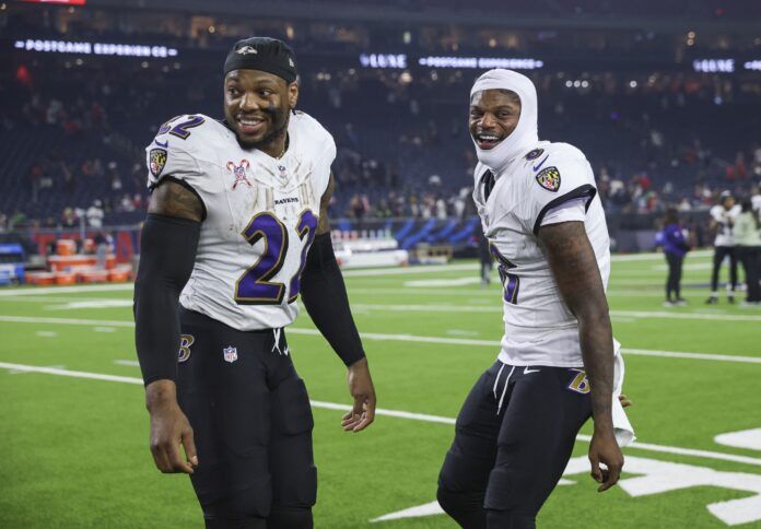 Dec 25, 2024; Houston, Texas, USA; Baltimore Ravens running back Derrick Henry (22) and quarterback Lamar Jackson (8) smile after the game against the Houston Texans at NRG Stadium. Mandatory Credit: Troy Taormina-Imagn Images