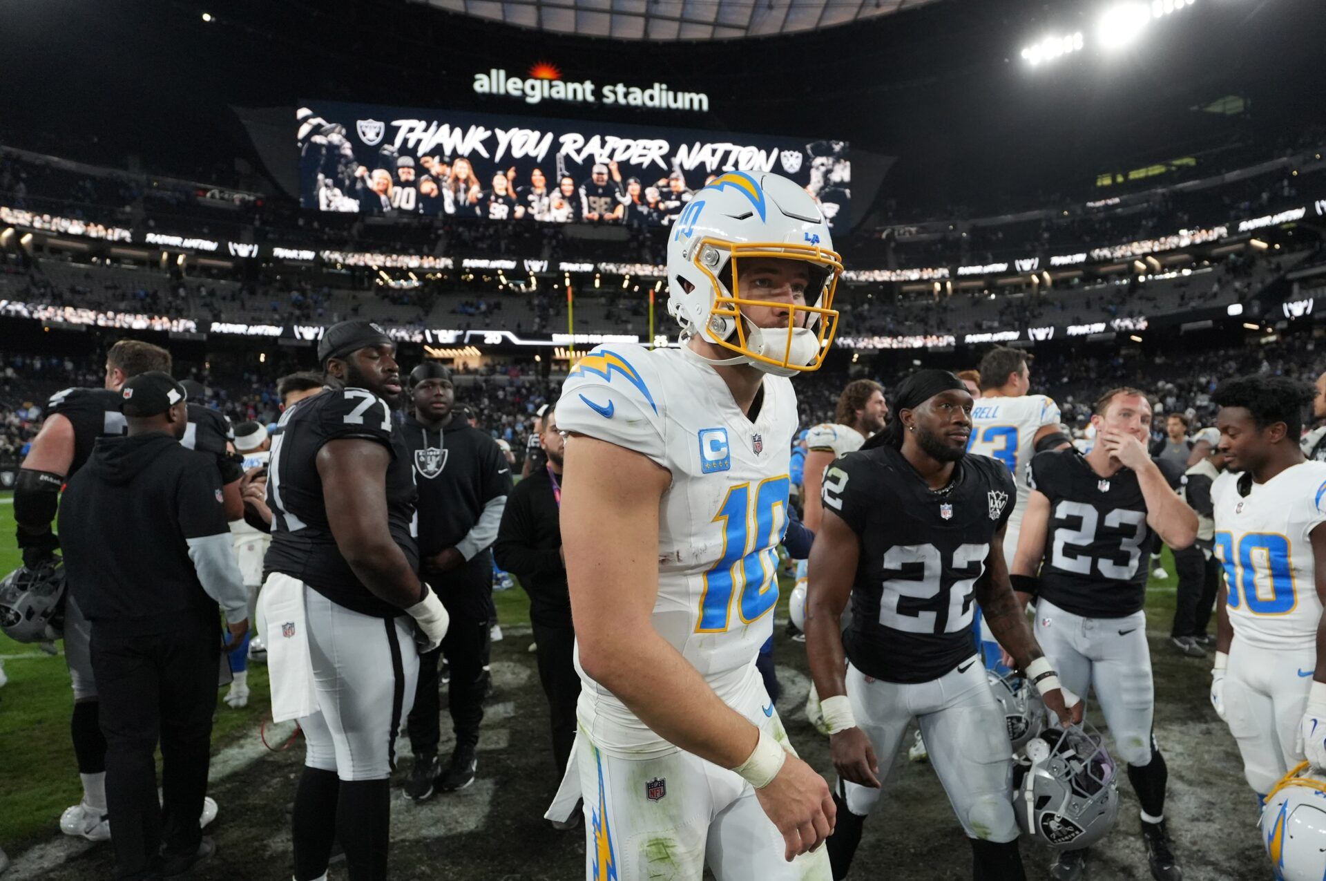 Los Angeles Chargers quarterback Justin Herbert (10) reacts after the game against the Las Vegas Raiders at Allegiant Stadium.