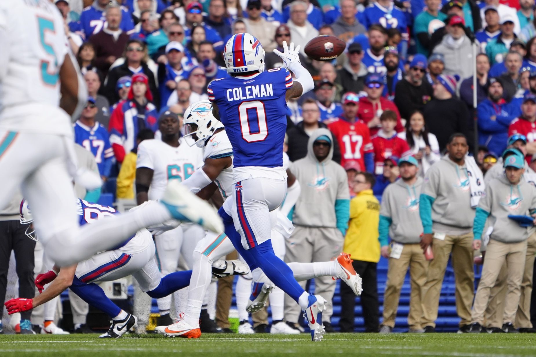 Buffalo Bills wide receiver Keon Coleman (0) makes a catch against the Miami Dolphins during the second half at Highmark Stadium.