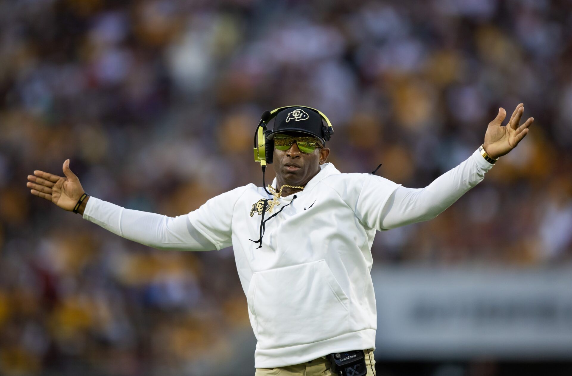 Colorado Buffaloes head coach Deion Sanders reacts against the Arizona State Sun Devils in the second half at Mountain America Stadium.