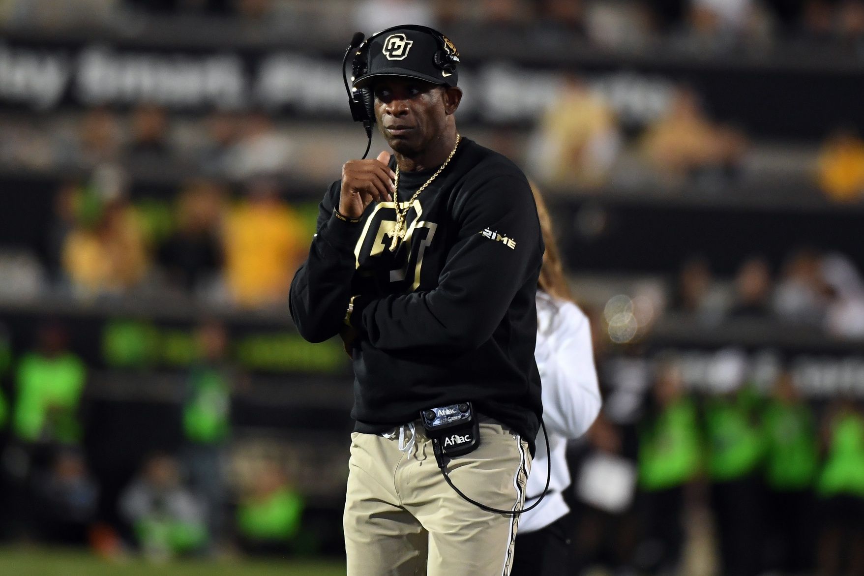 Colorado Buffaloes head coach Deion Sanders looks on from the sideline during the second half against the Kansas State Wildcats at Folsom Field.