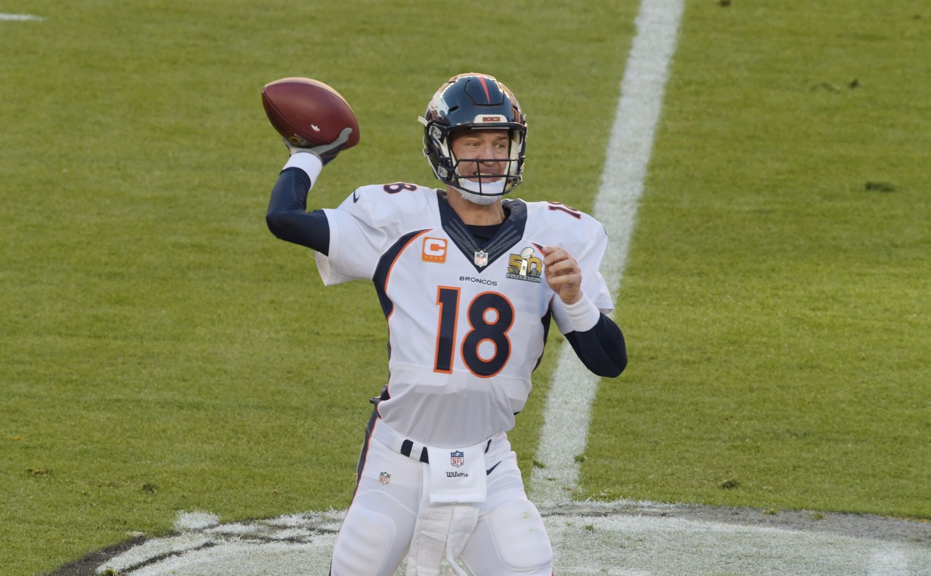 Denver Broncos quarterback Peyton Manning (18) throws a pass in the first quarter of Super Bowl 50 at Levi's Stadium.