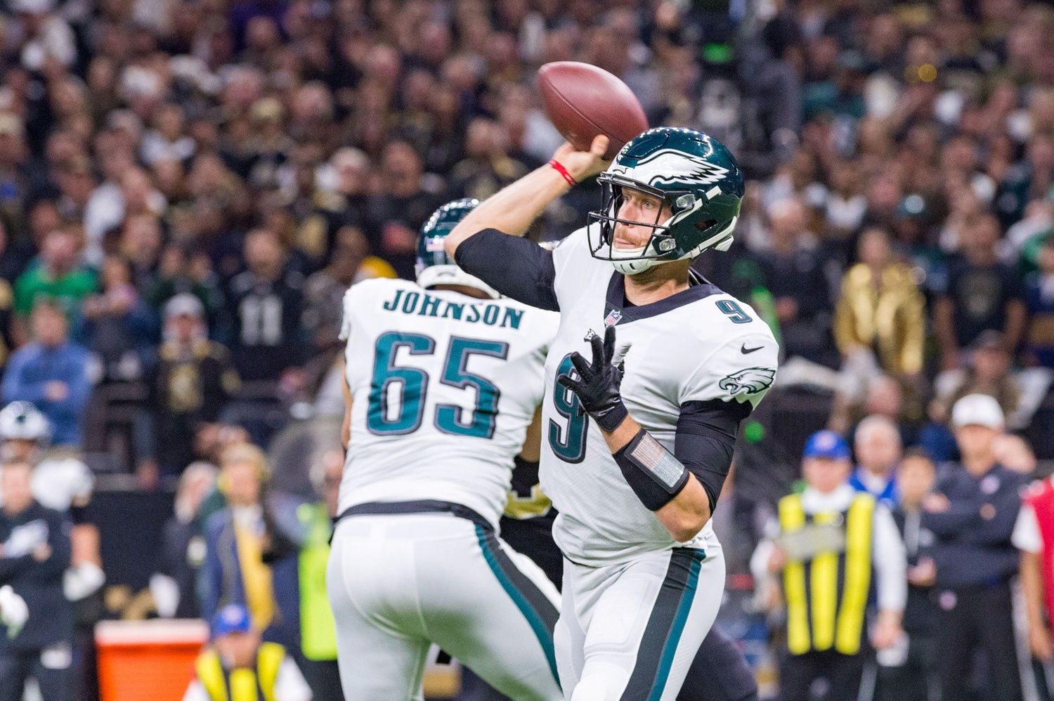 Eagles quarterback Nick Foles throws a pass in the NFC divisional playoff football game between the New Orleans Saints and the Philadelphia Eagles on Sunday, Jan. 13, 2019 in New Orleans. Sunday, Jan. 13, 2019.