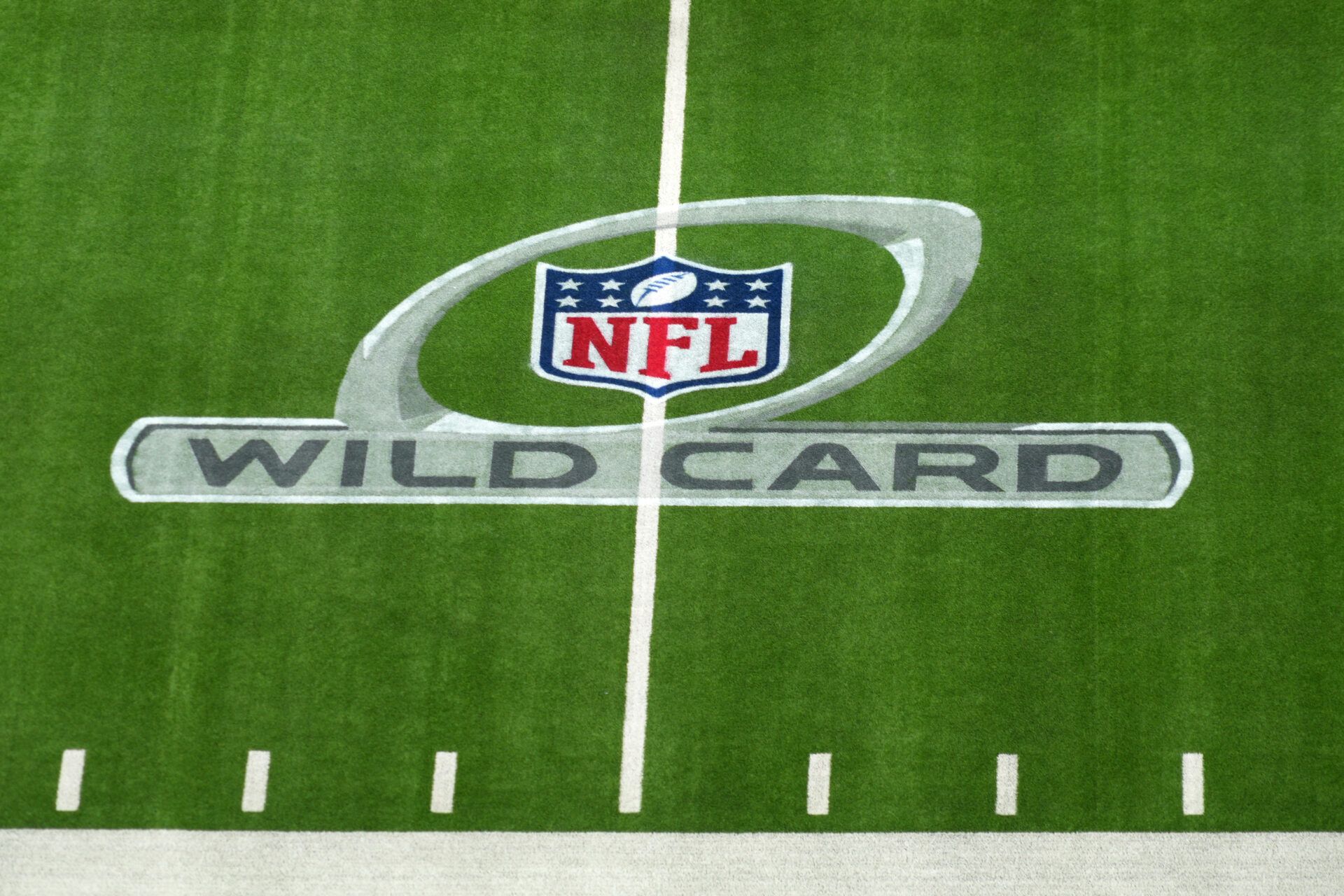 Jan 17, 2022; Inglewood, California, USA; A NFL Wild Card playoff logo on the field at SoFi Stadium. Mandatory Credit: Kirby Lee-USA TODAY Sports