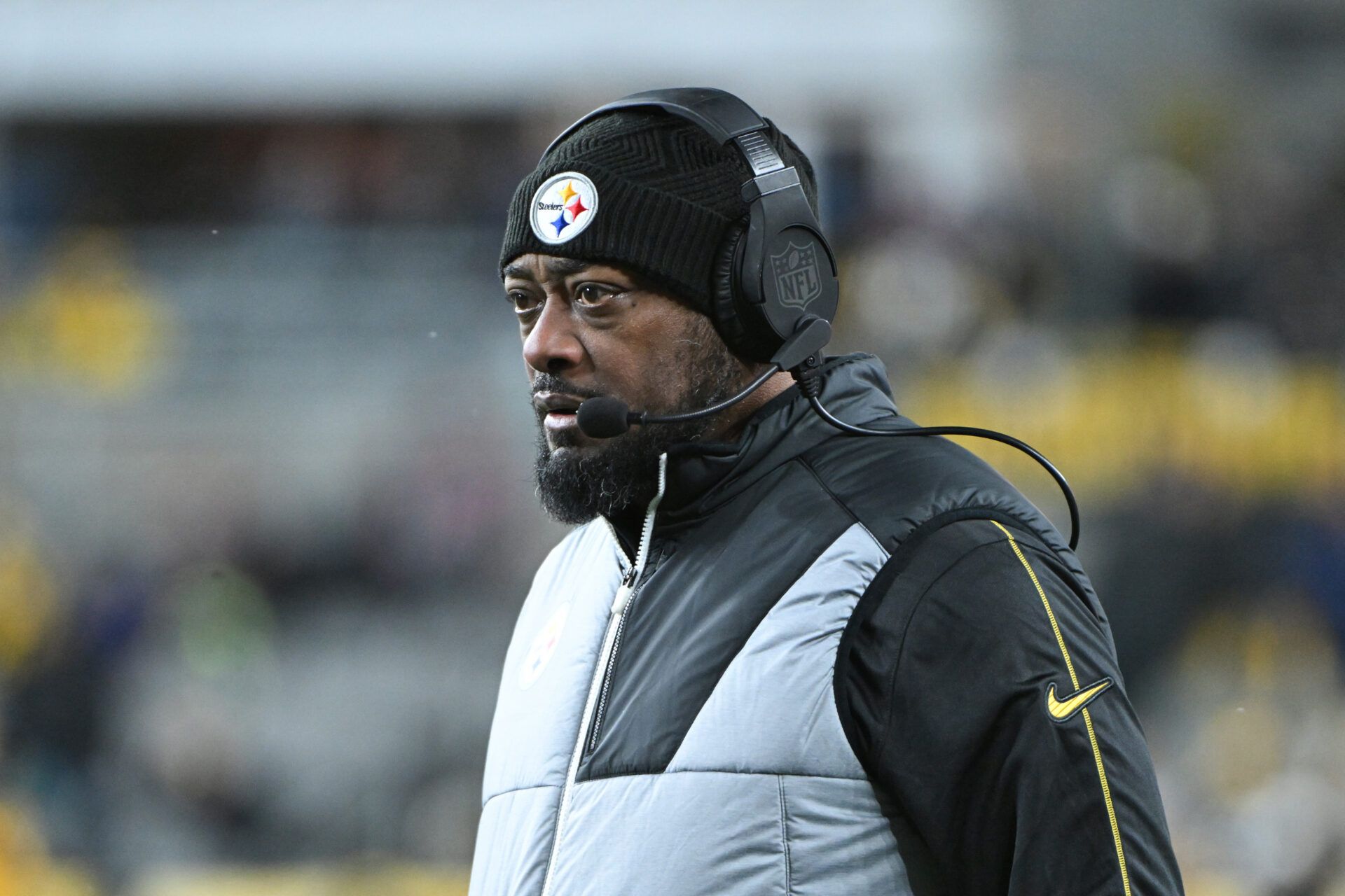 Jan 4, 2025; Pittsburgh, Pennsylvania, USA; Pittsburgh Steelers head coach Mike Tomlin looks on during the second quarter against the Cincinnati Bengals at Acrisure Stadium. Mandatory Credit: Barry Reeger-Imagn Images