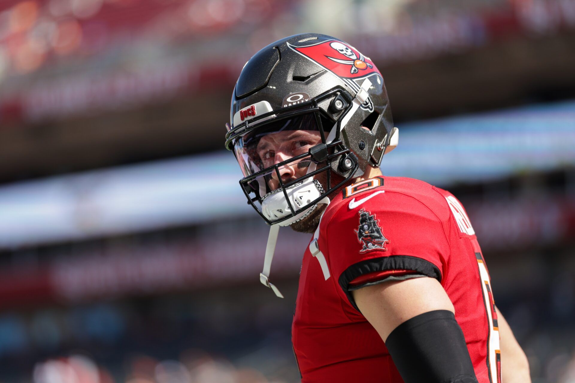 Tampa Bay Buccaneers quarterback Baker Mayfield (6) looks on before a game against the New Orleans Saints at Raymond James Stadium.