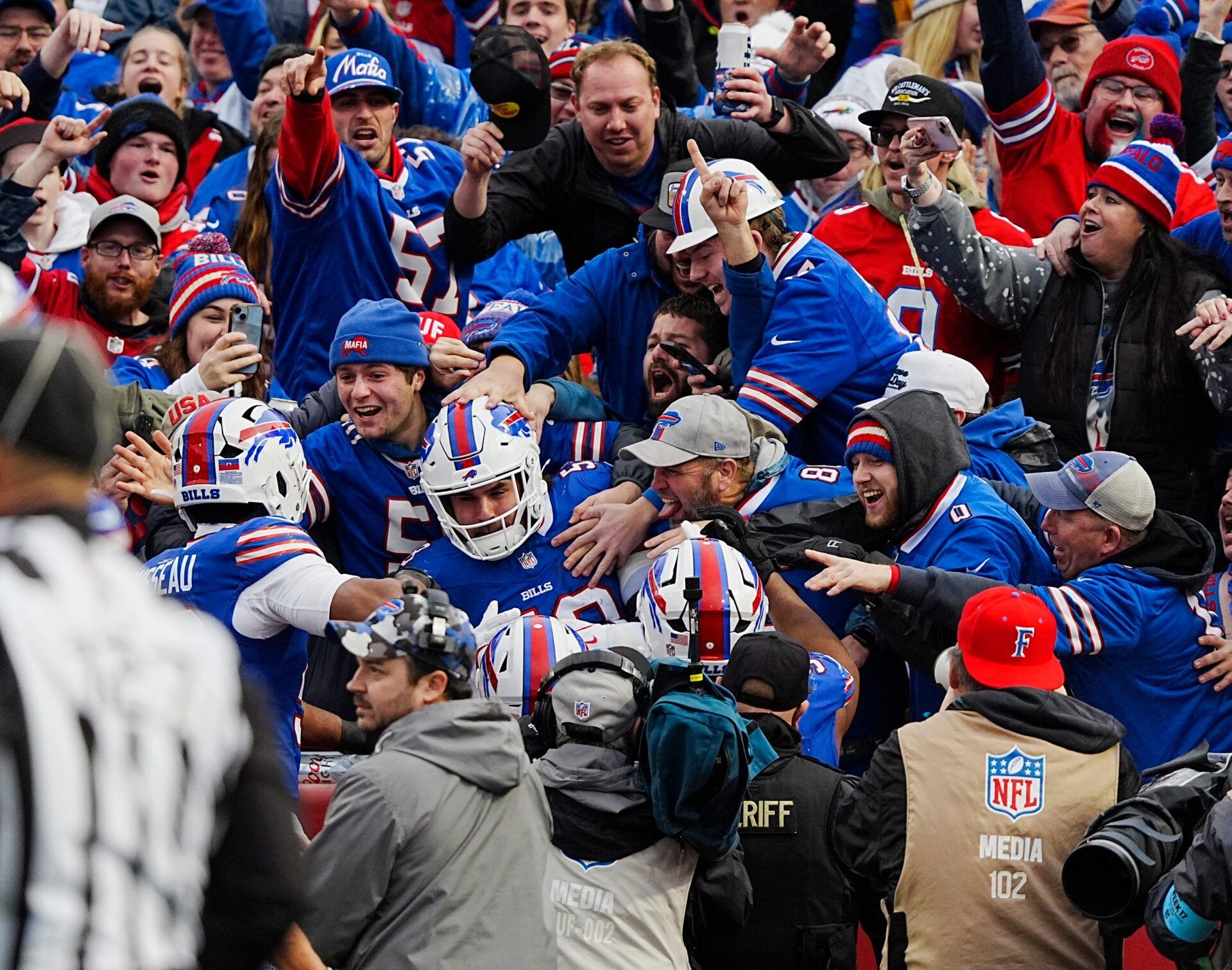 Buffalo Bills linebacker Matt Milano (58) jumped into the stand and was surrounded by happy fans after he got possession of a New York Jets fumble during second half action at the Bills home game against the New York Jets at Highmark Stadium in Orchard Park on Dec. 29, 2024.