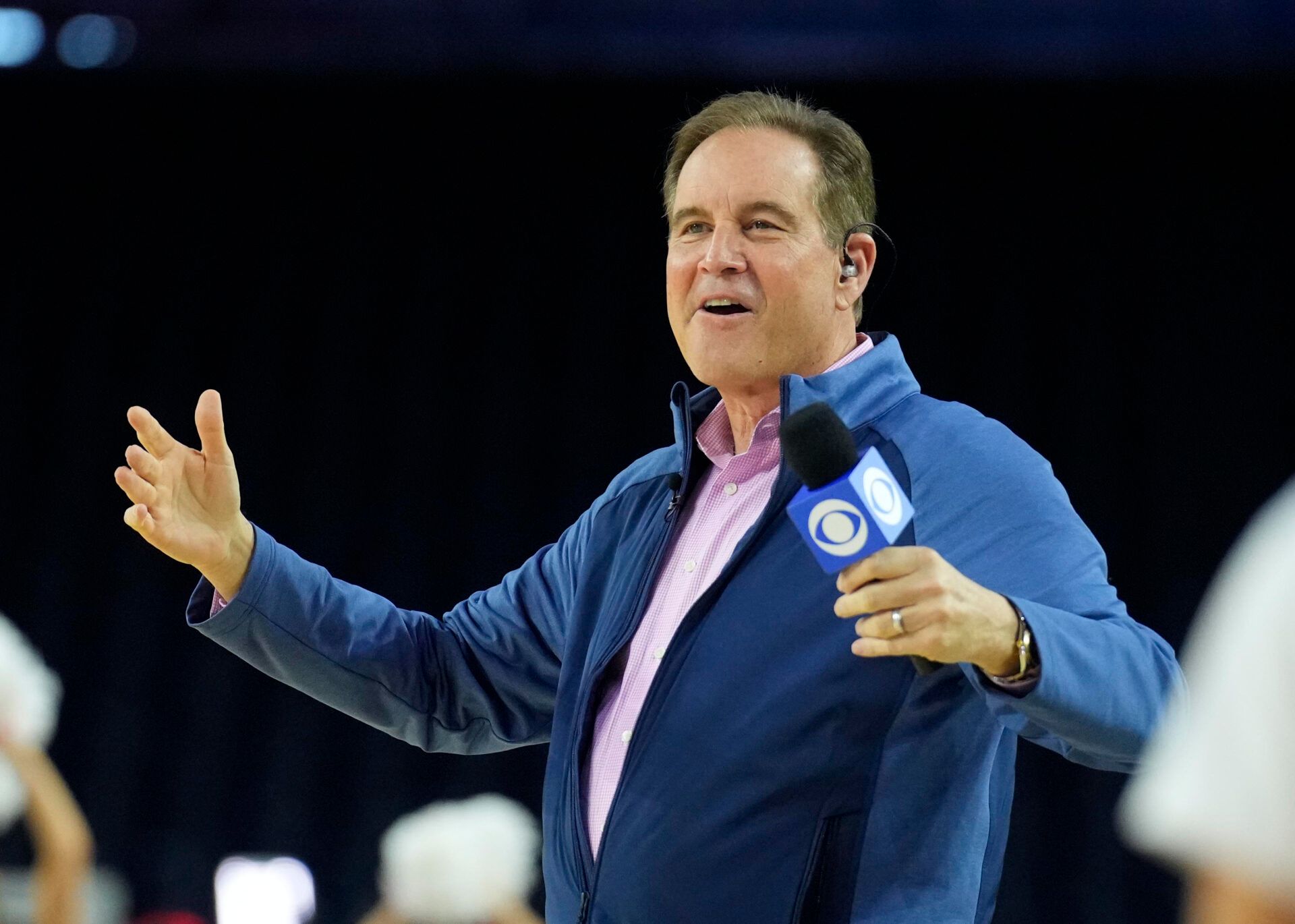 Mar 31, 2023; Houston, TX, USA; CBS broadcaster Jim Nantz reacts during a practice session the day before the Final Four of the 2023 NCAA Tournament at NRG Stadium. Mandatory Credit: Robert Deutsch-USA TODAY Sports