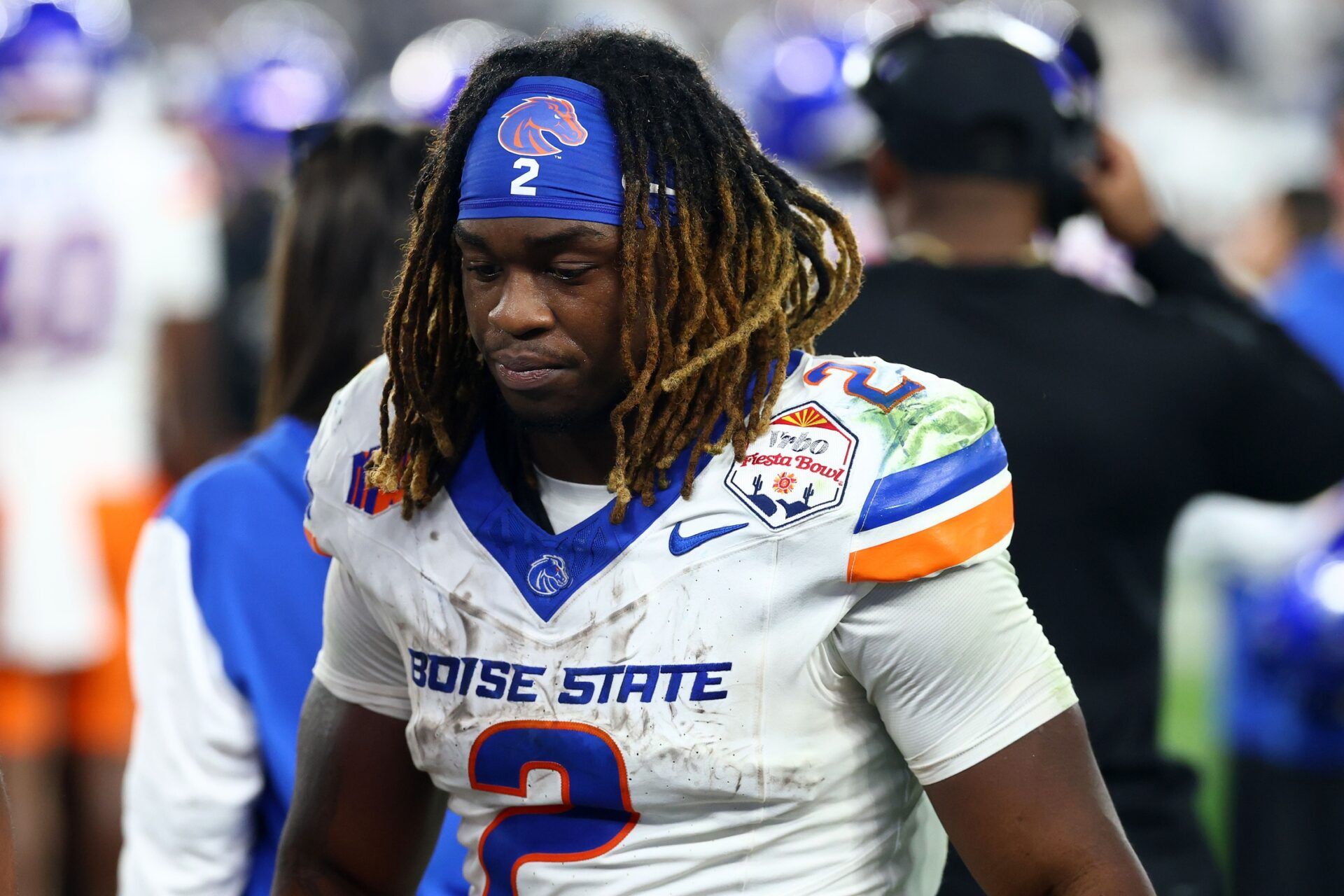 Boise State Broncos running back Ashton Jeanty (2) reacts after the game against the Penn State Nittany Lions in the Fiesta Bowl at State Farm Stadium.