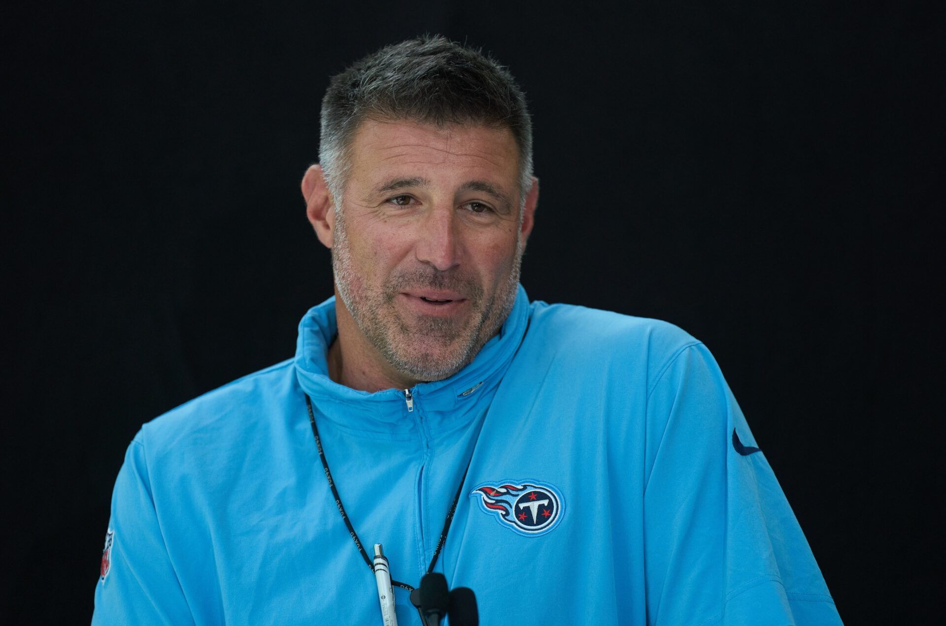 Tennessee Titans head coach Mike Vrabel speaks to the press after Tennessee Titans practice session at The Grove, Watford for their upcoming NFL London game.