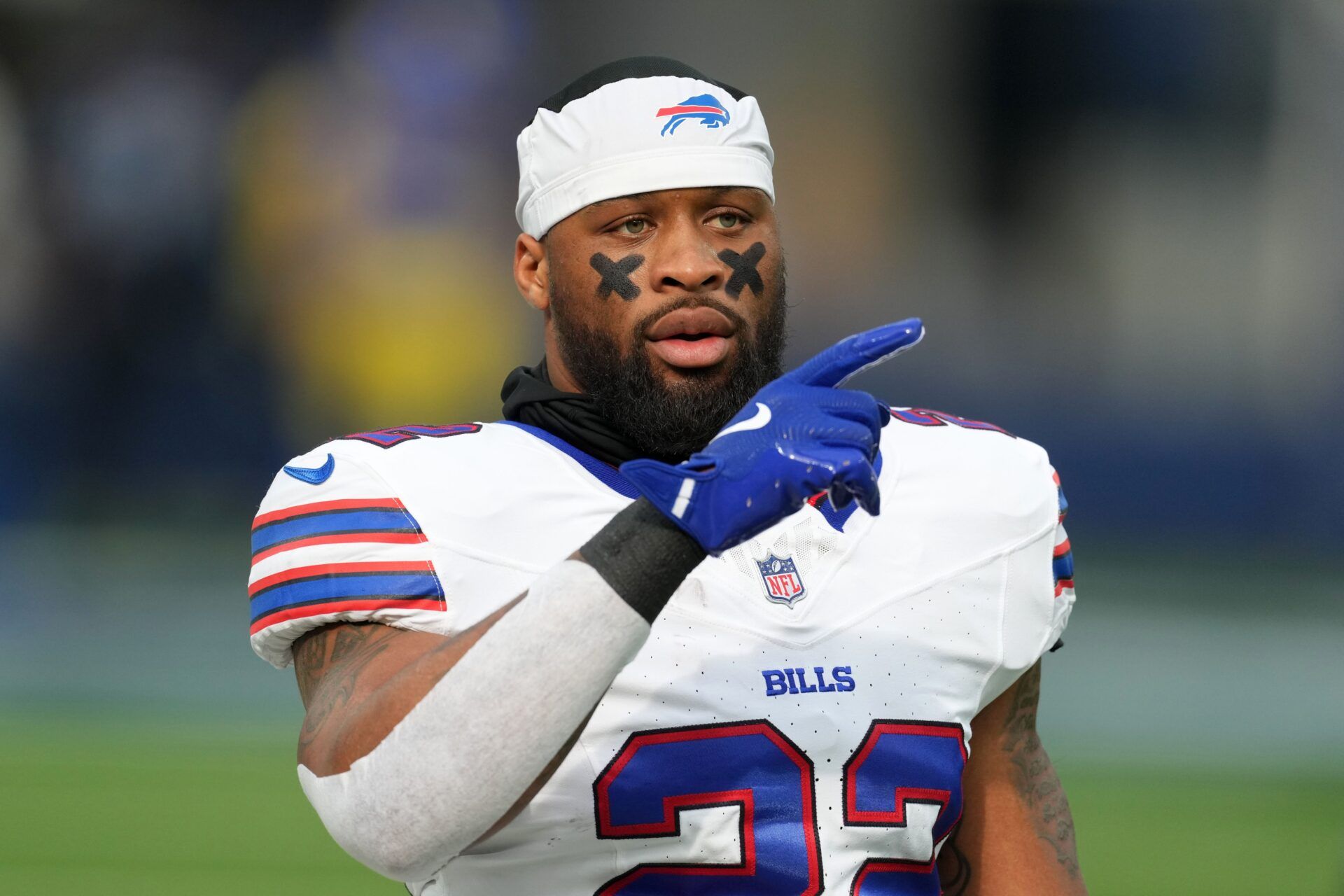 Dec 8, 2024; Inglewood, California, USA; Buffalo Bills running back Ray Davis (22) looks on during the game against the Los Angeles Rams at SoFi Stadium. Mandatory Credit: Kirby Lee-Imagn Images