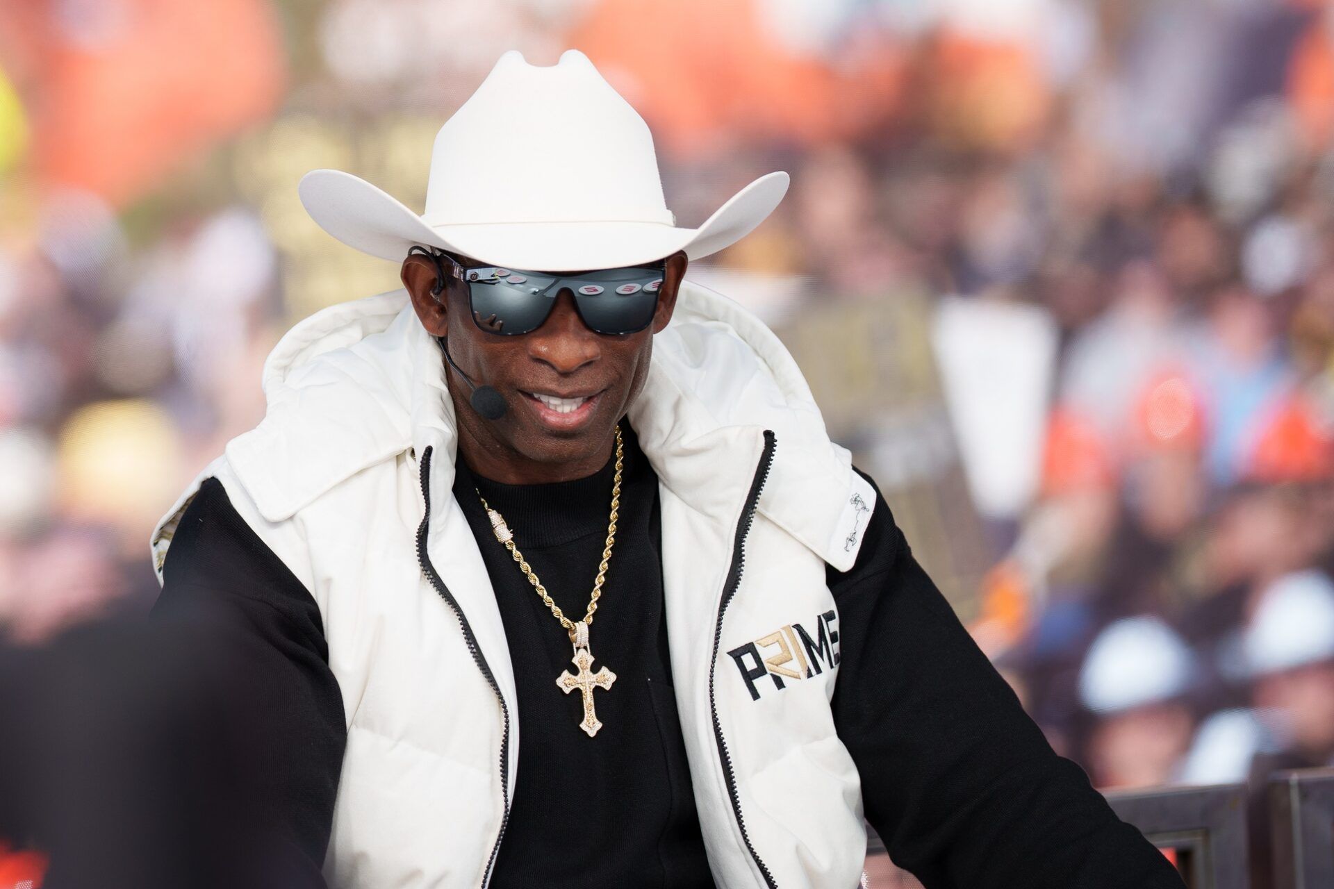 Colorado Buffaloes head coach Deion Sanders on the set of ESPN College GameDay prior to the game between the Colorado Buffaloes and the Colorado State Rams at Folsom Field.