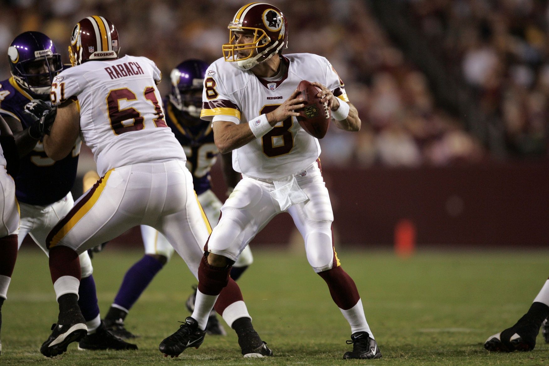 Washington Redskins quarterback (8) Mark Brunell drops back for a pass against the Minnesota Vikings in the first quarter at FedEx Field in Landover, MD.