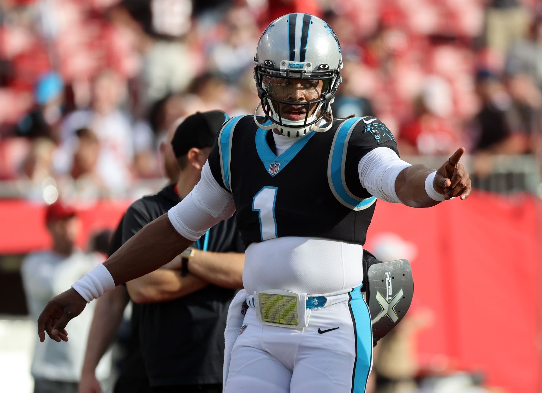 Carolina Panthers quarterback Cam Newton (1) against the Tampa Bay Buccaneers prior to the game at Raymond James Stadium.