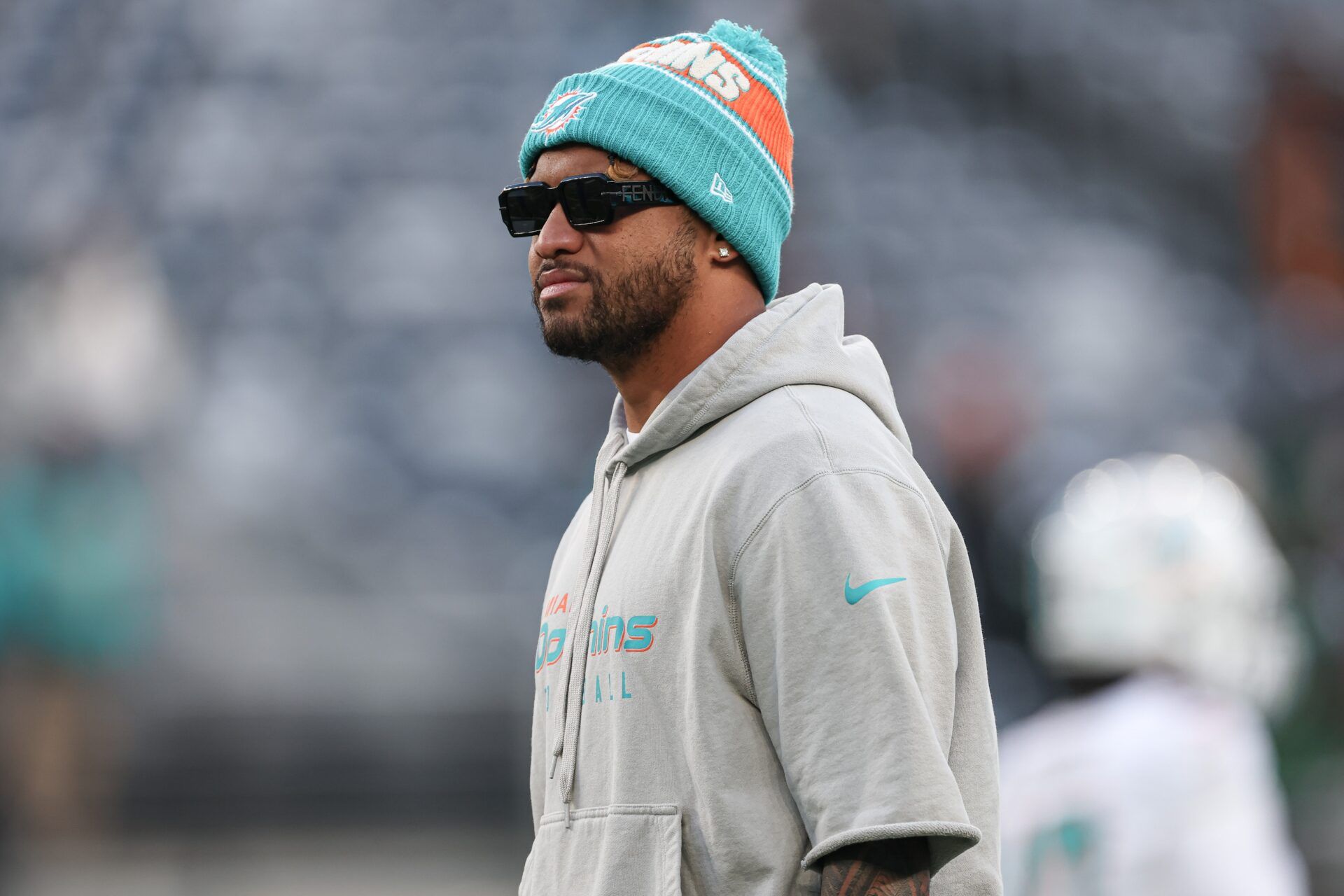 Miami Dolphins quarterback Tua Tagovailoa (1) on the field before the game against the New York Jets at MetLife Stadium.