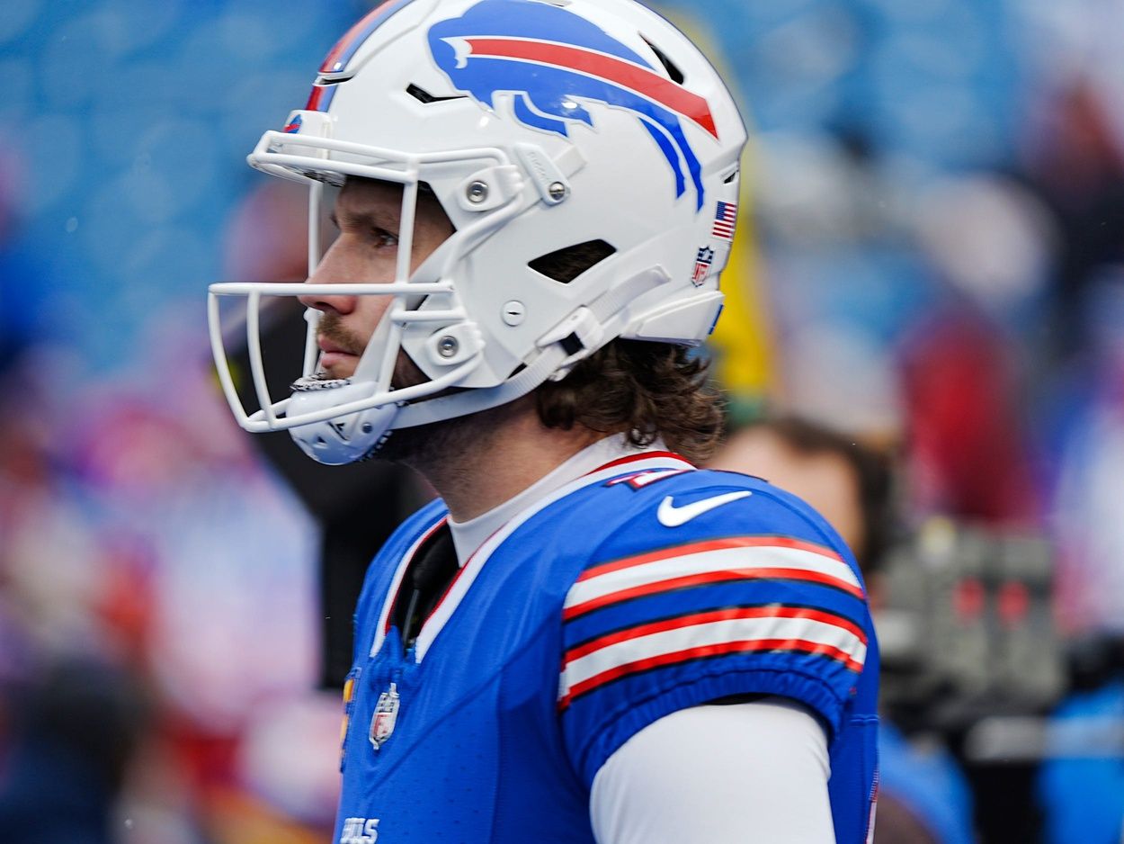 Buffalo Bills quarterback Josh Allen (17) looks down field before the Buffalo Bills wild card game against the Denver Broncos at Highmark Stadium in Orchard Park on Jan. 12, 2025.