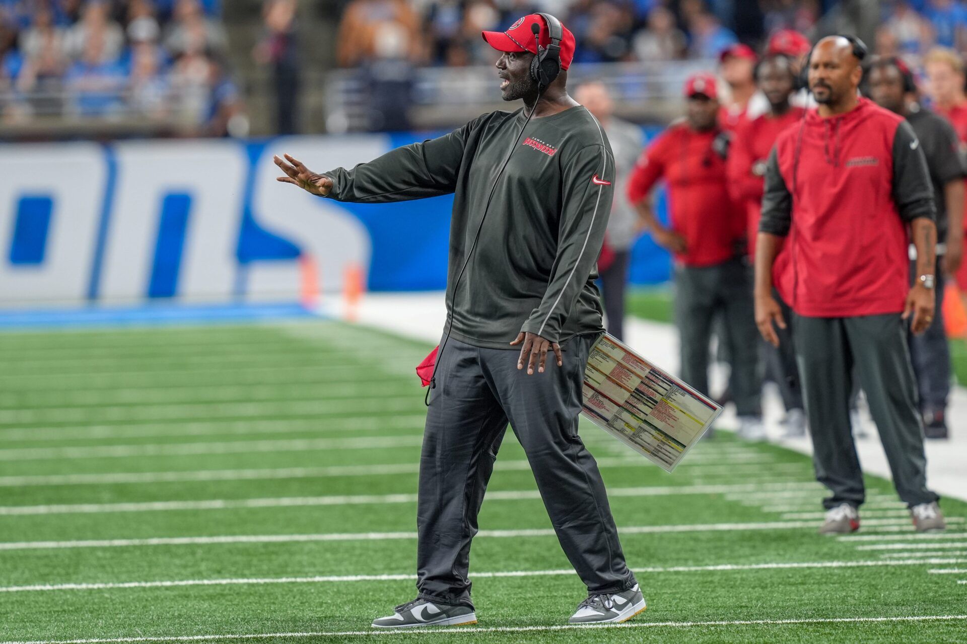 Tampa Bay head coach Todd Bowles talks with the referees during the second half of the N.F.L. game against the Tampa Bay Buccaneers at Ford Field in Detroit on Sunday, Sept. 15, 2024. Bucaneers won 20-16.