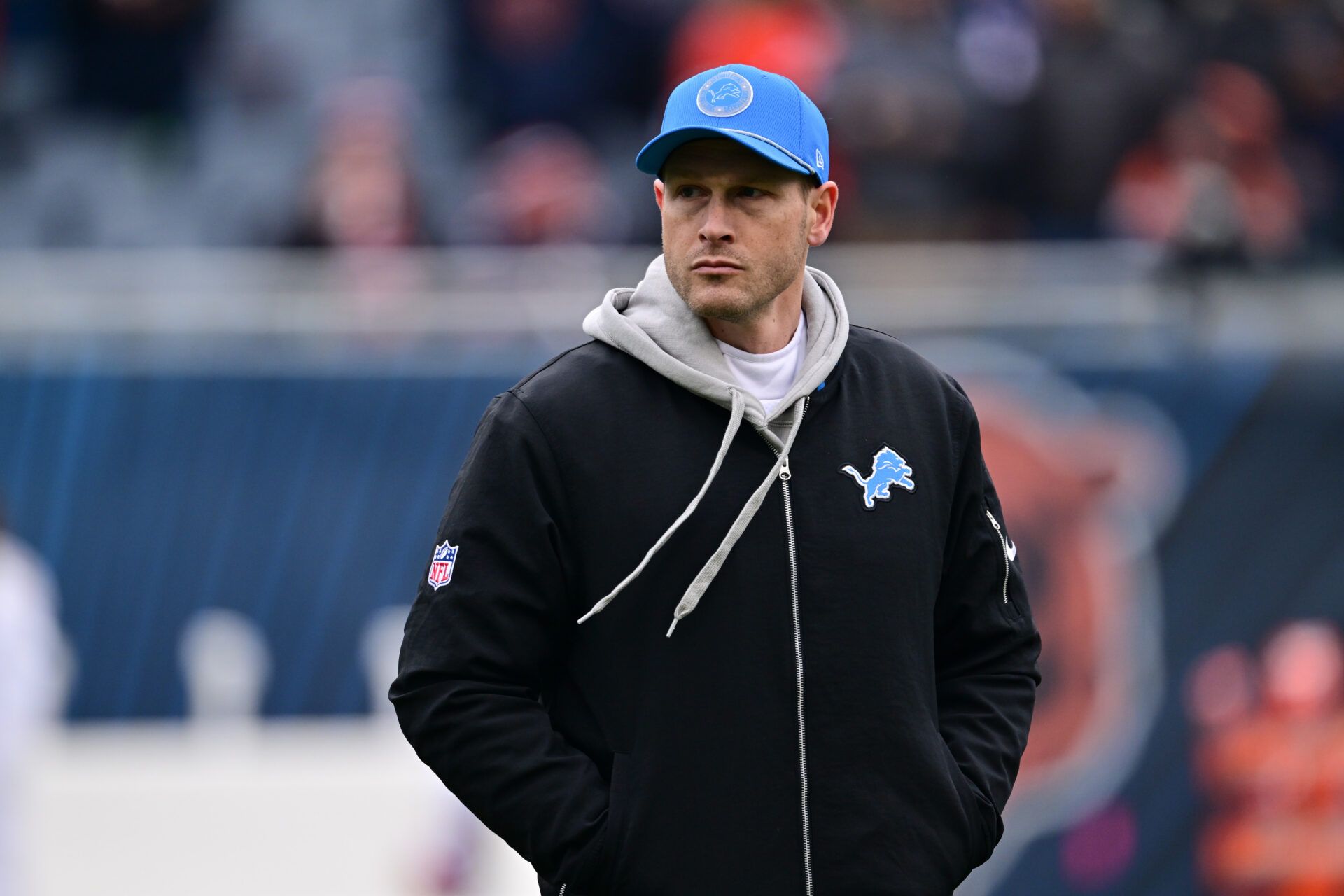 Dec 22, 2024; Chicago, Illinois, USA; Detroit Lions offensive coordinator Ben Johnson before a game against the Chicago Bears at Soldier Field. Mandatory Credit: Daniel Bartel-Imagn Images