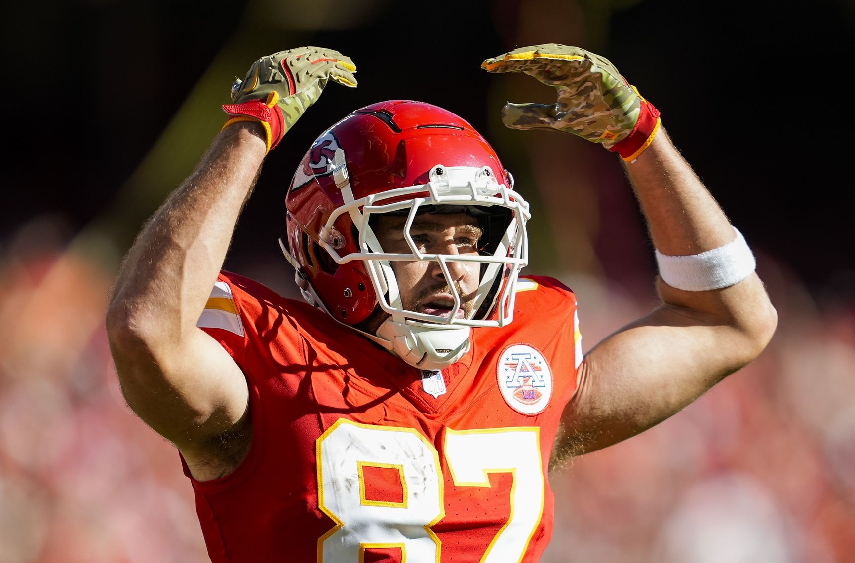 Kansas City Chiefs tight end Travis Kelce (87) celebrates after scoring a touchdown during the second half against the Denver Broncos at GEHA Field at Arrowhead Stadium.