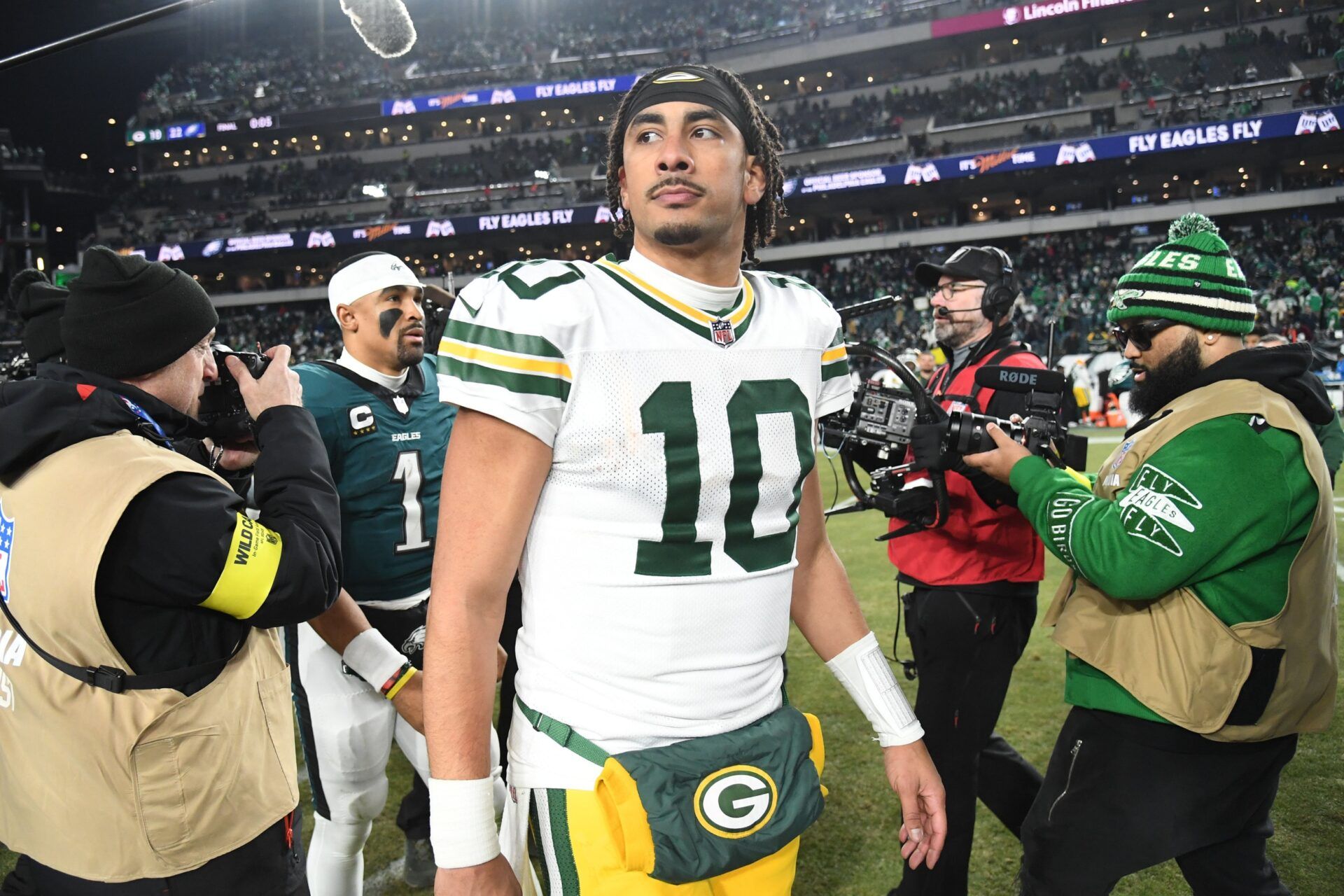 Green Bay Packers quarterback Jordan Love (10) reacts after the game against the Philadelphia Eagles in an NFC wild card game at Lincoln Financial Field.