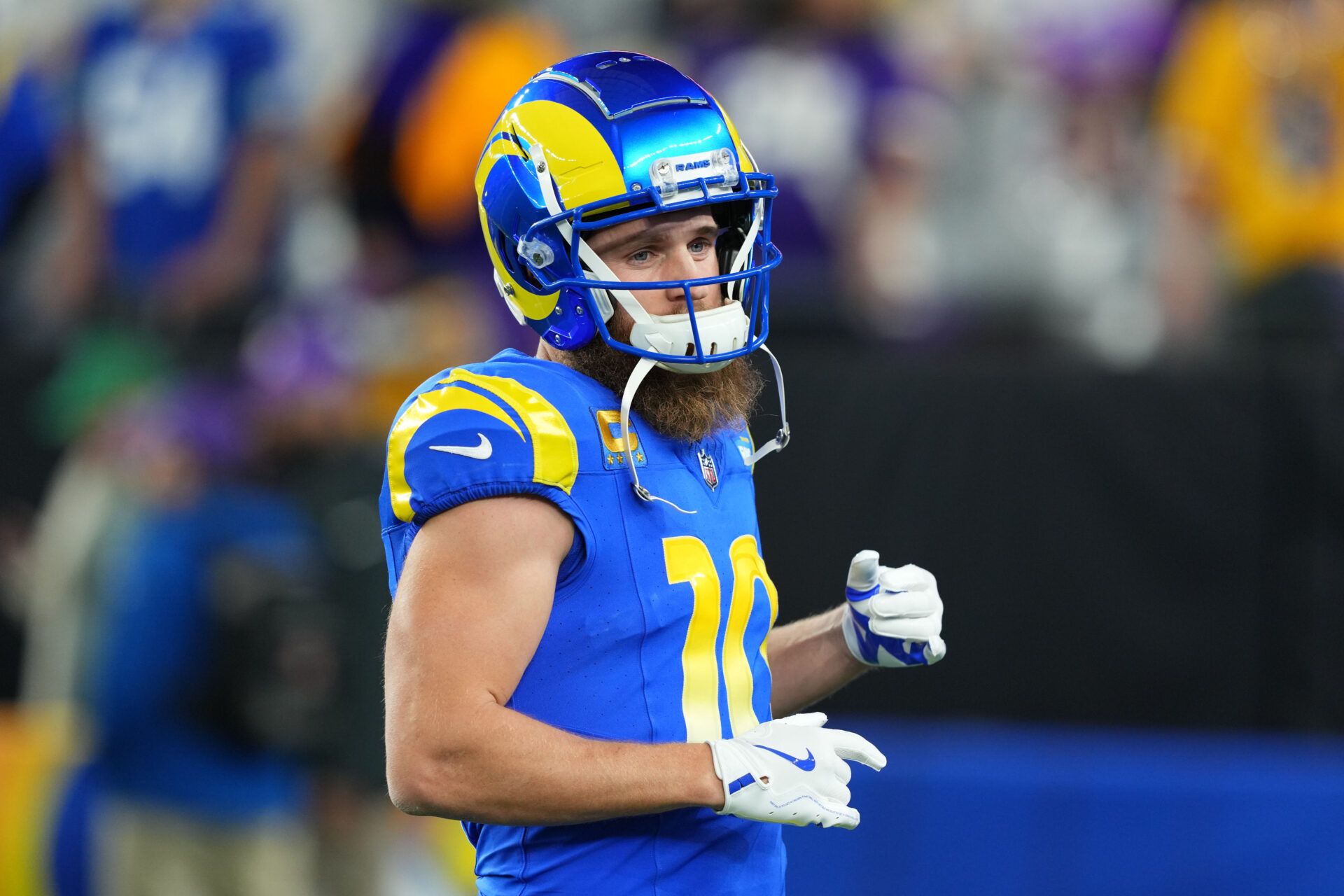 Jan 13, 2025; Glendale, AZ, USA; Los Angeles Rams wide receiver Cooper Kupp (10) practices before the NFC wild card game against the Minnesota Vikings at State Farm Stadium. Mandatory Credit: Joe Camporeale-Imagn Images