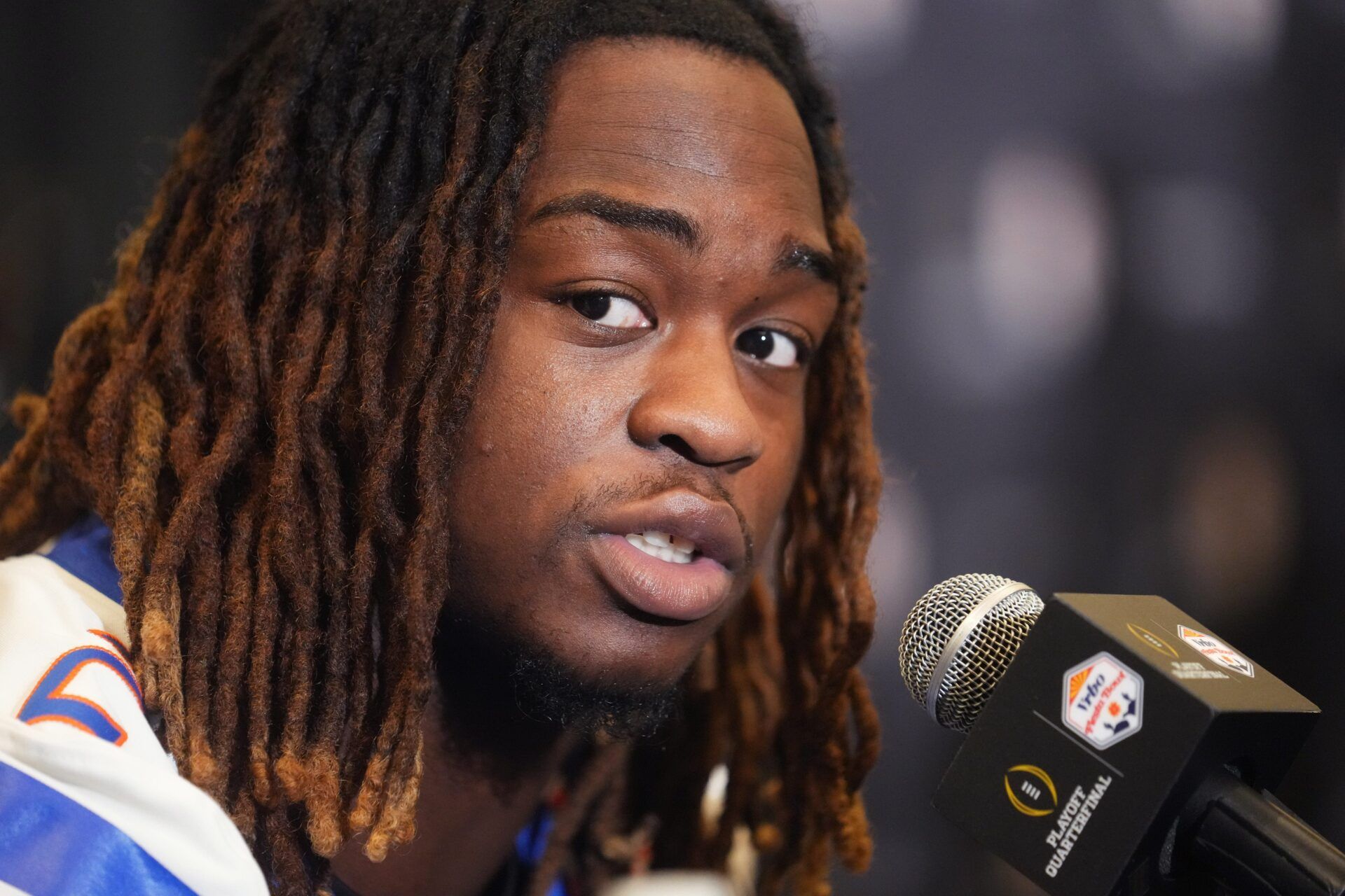 Boise State Broncos running back Ashton Jeanty speaks to the media at Arizona Ballroom at Camelback Inn on Dec. 29, 2024, ahead of their Vrbo Fiesta Bowl matchup against the Penn State Nittany Lions.