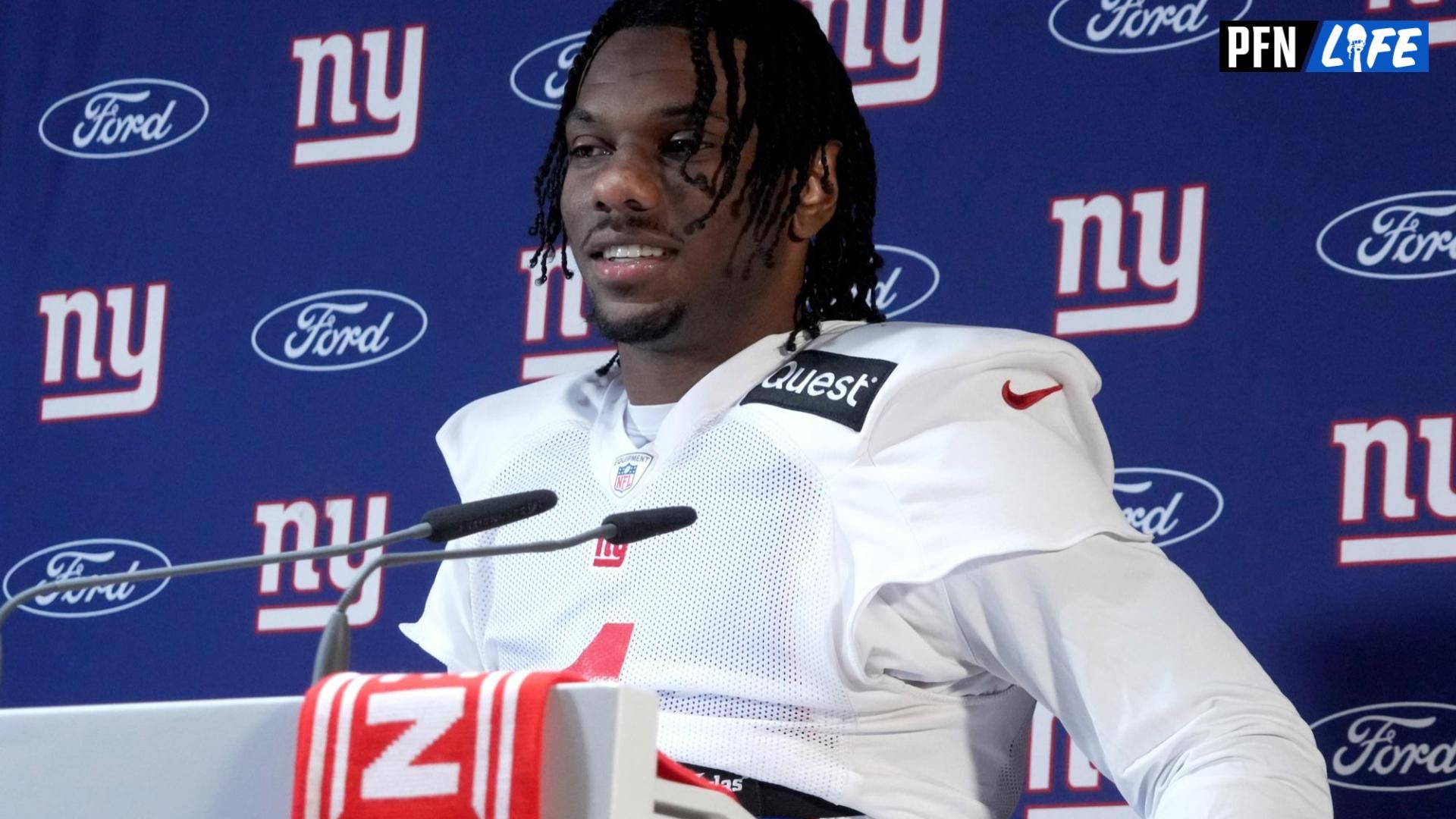 New York Giants wide receiver Malik Nabers (1) during press conference at the FC Bayern Munchen training grounds at Sabener Strasse.