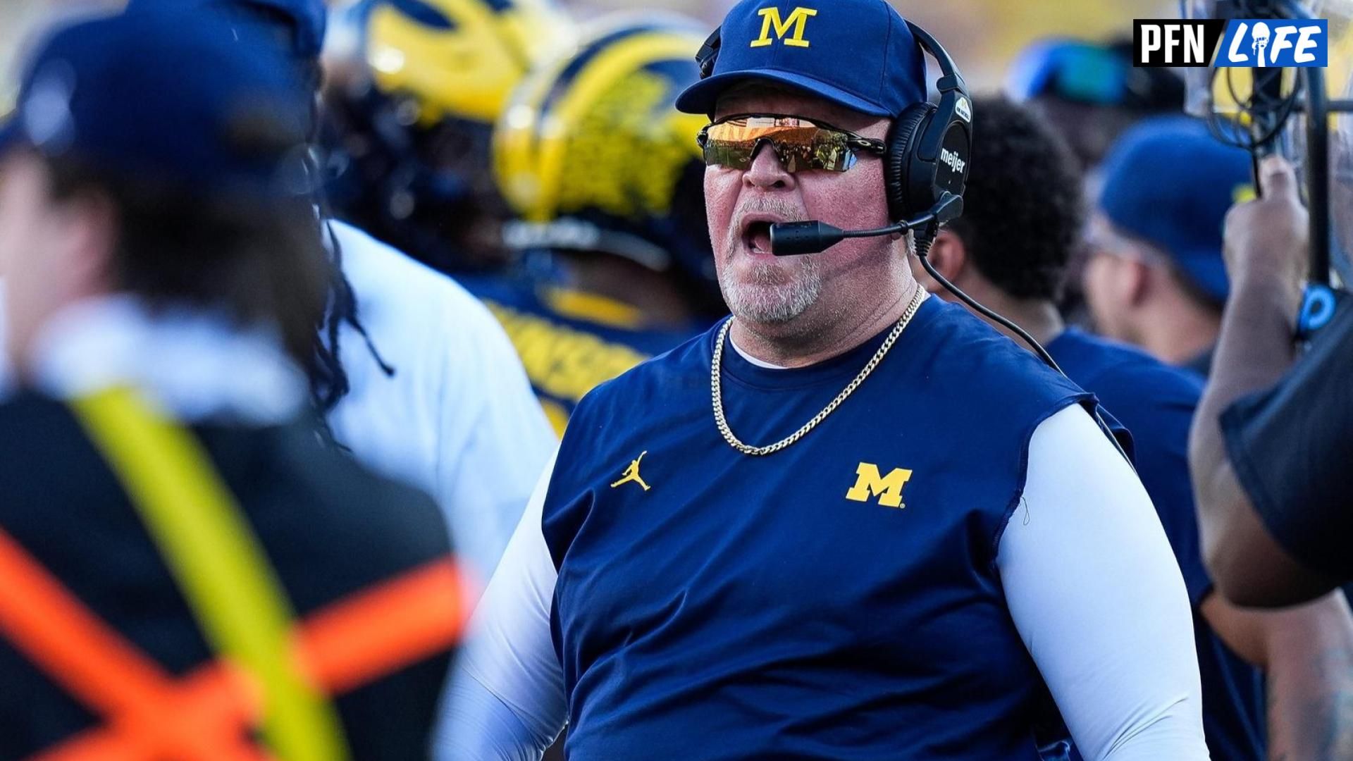 Michigan defensive coordinator Wink Martindale talks to players after a play against USC during the second half at Michigan Stadium in Ann Arbor on Saturday, Sept. 21, 2024.