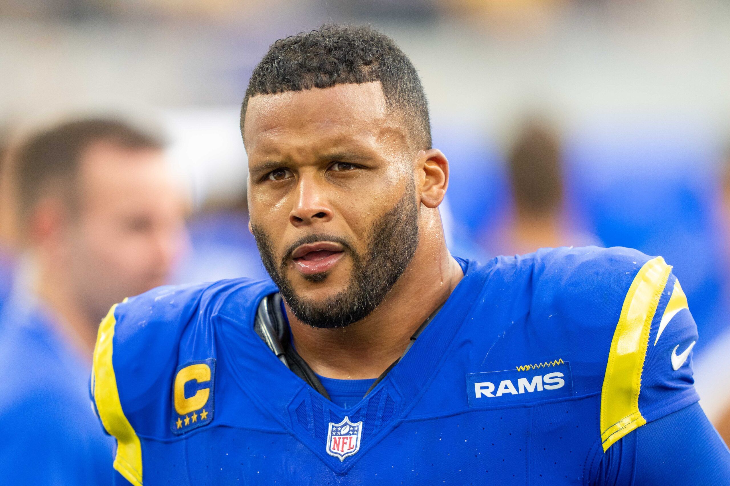 October 15, 2023; Inglewood, California, USA; Los Angeles Rams defensive tackle Aaron Donald (99) during the fourth quarter against the Arizona Cardinals at SoFi Stadium. Mandatory Credit: Kyle Terada-USA TODAY Sports