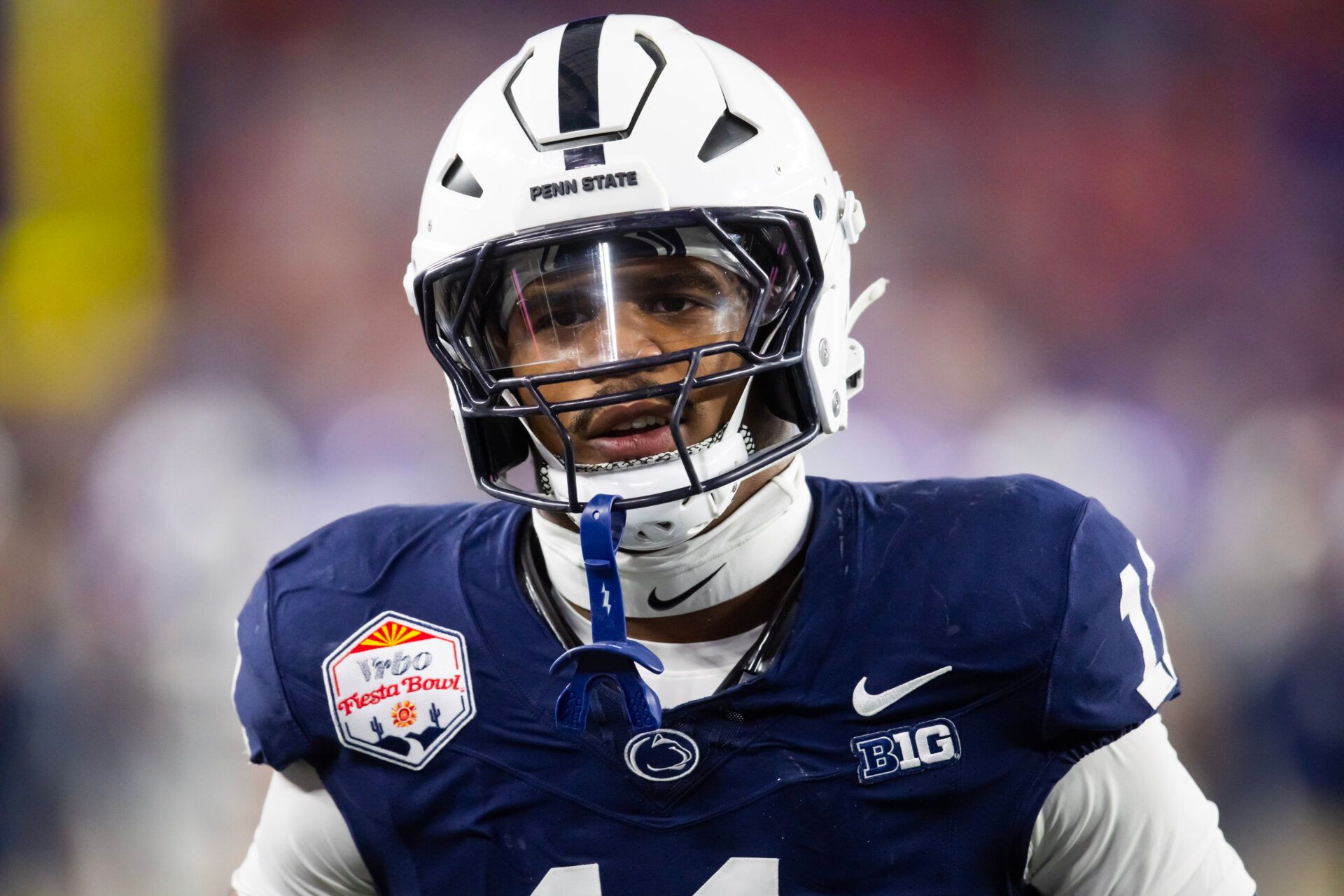 Dec 31, 2024; Glendale, AZ, USA; Penn State Nittany Lions defensive end Abdul Carter (11) against the Boise State Broncos in the Fiesta Bowl at State Farm Stadium. Mandatory Credit: Mark J. Rebilas-Imagn Images