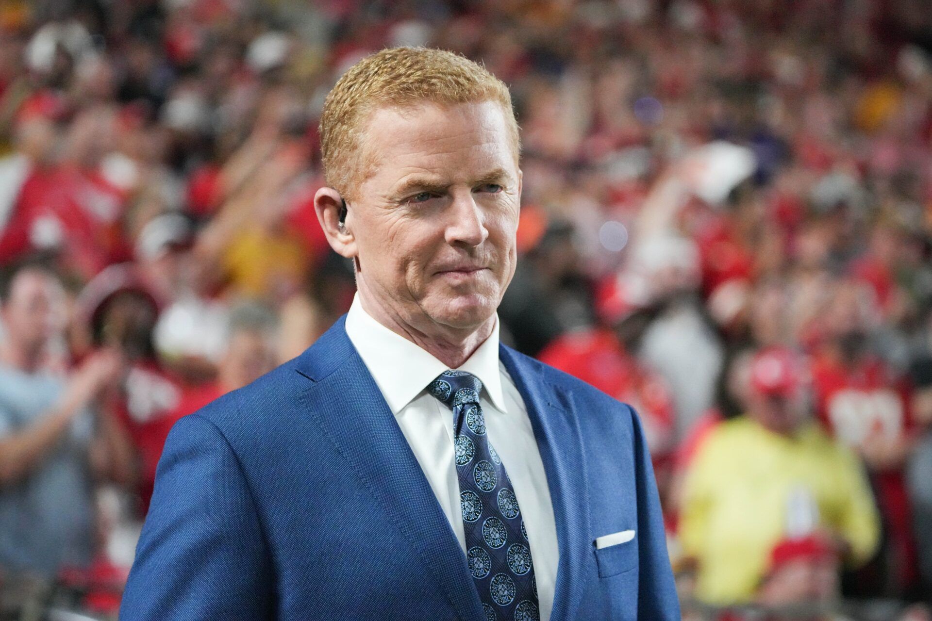 Commentator Jason Garrett on the sidelines during the first half of the game between the Kansas City Chiefs and Baltimore Ravens at GEHA Field at Arrowhead Stadium.