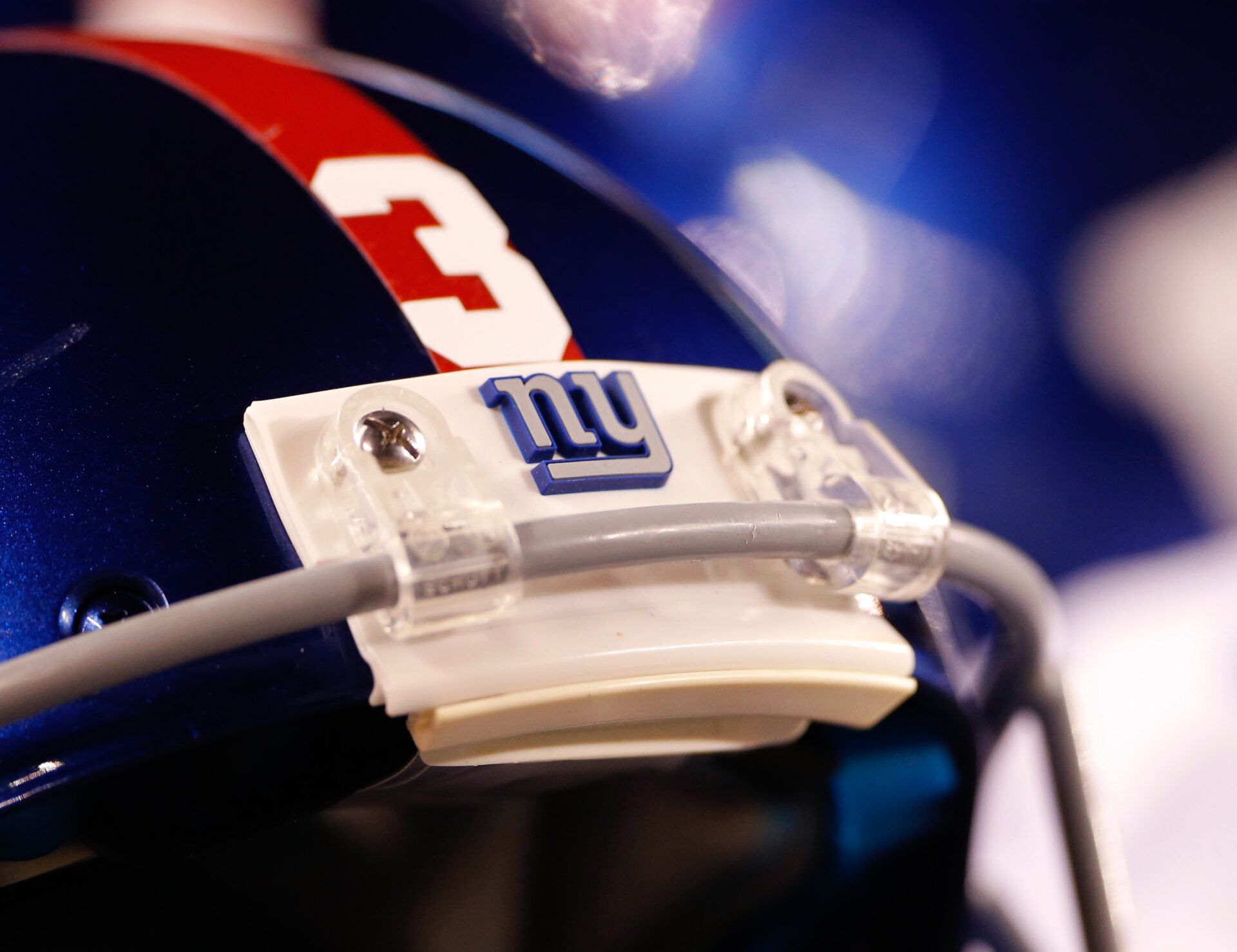 Aug 14, 2015; Cincinnati, OH, USA; A detailed view of a New York Giants logo on the helmet during the game against the Cincinnati Bengals in a preseason NFL football game at Paul Brown Stadium. The Bengals won 23-10. Mandatory Credit: Aaron Doster-USA TODAY Sports